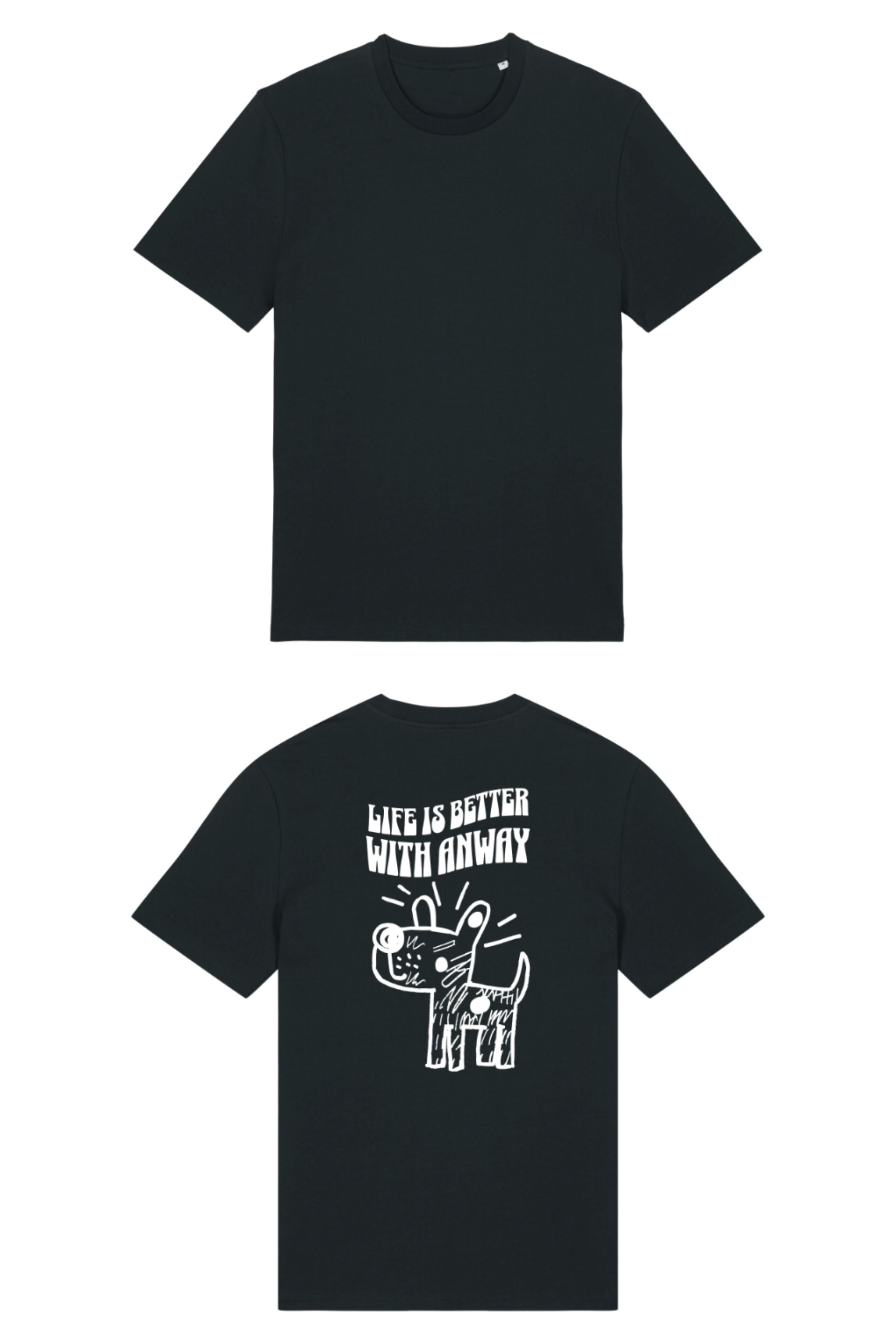 T-Shirt aus 100 % Bio-Baumwolle mit normaler Passform, erhältlich in verschiedenen Farben wie Blue Soul, Cotton Pink, Lavender, Aloe, Weiss und Schwarz. Individuell bedruckbar mit Wunschmotiv. Weiches, angenehm leichtes Material für hohen Tragekomfort. Ideal für einen zeitgemässen, entspannten Look. Handgezeichnetes Hundemotiv und Schriftzug „LIFE IS BETTER WITH ANWAY“ auf der Rückseite.