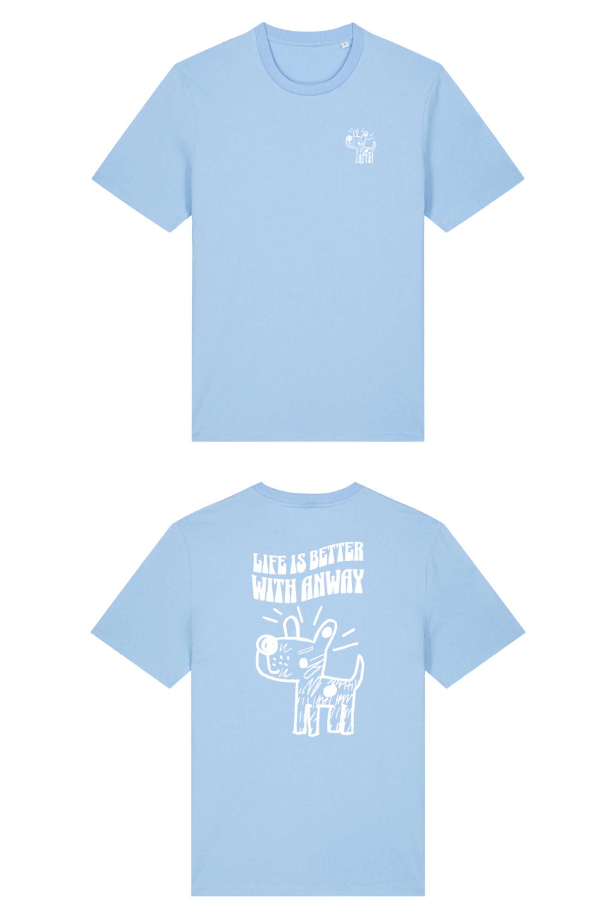 T-Shirt aus 100 % Bio-Baumwolle mit normaler Passform, erhältlich in verschiedenen Farben wie Blue Soul, Cotton Pink, Lavender, Aloe, Weiss und Schwarz. Individuell bedruckbar mit Wunschmotiv. Weiches, angenehm leichtes Material für hohen Tragekomfort. Ideal für einen zeitgemässen, entspannten Look. Vorderseite: Kleiner Hund im Comic-Stil auf der linken Brust. Rückseite: Handgezeichnetes Hundemotiv und Schriftzug „LIFE IS BETTER WITH ANWAY“