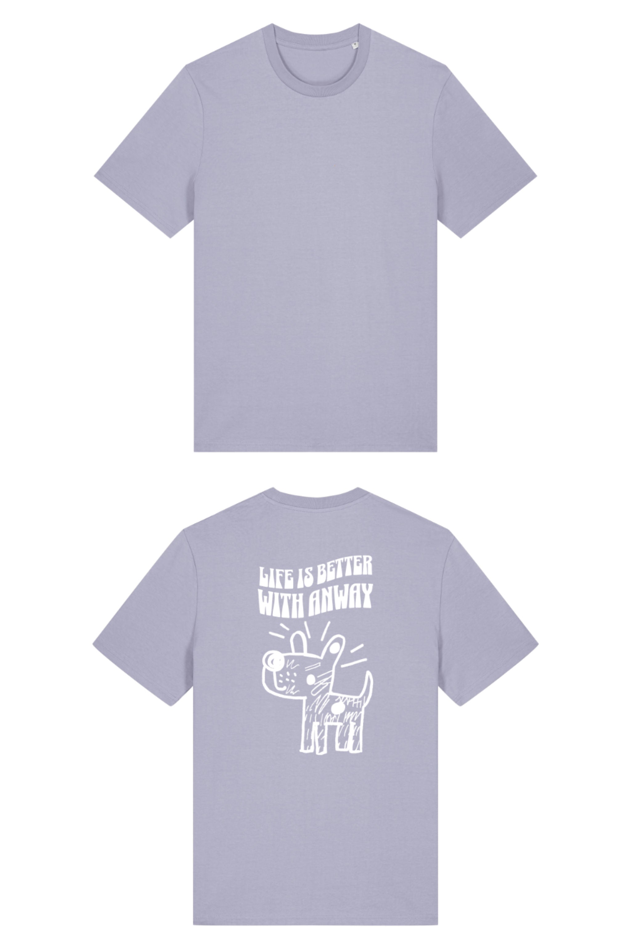 T-Shirt aus 100 % Bio-Baumwolle mit normaler Passform, erhältlich in verschiedenen Farben wie Blue Soul, Cotton Pink, Lavender, Aloe, Weiss und Schwarz. Individuell bedruckbar mit Wunschmotiv. Weiches, angenehm leichtes Material für hohen Tragekomfort. Ideal für einen zeitgemässen, entspannten Look. Handgezeichnetes Hundemotiv und Schriftzug „LIFE IS BETTER WITH ANWAY“ auf der Rückseite.