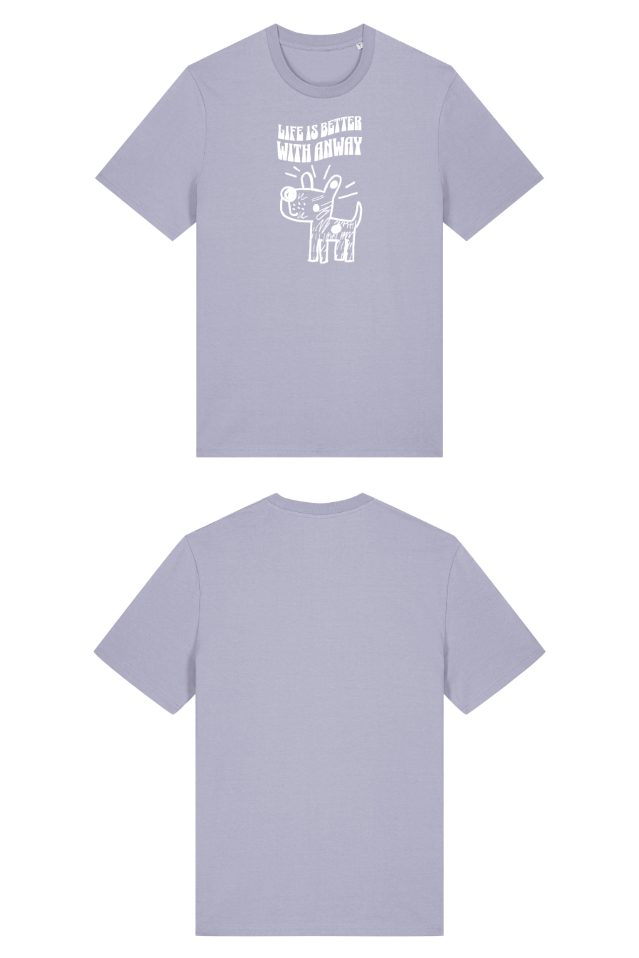 T-Shirt aus 100 % Bio-Baumwolle mit normaler Passform, erhältlich in verschiedenen Farben wie Blue Soul, Cotton Pink, Lavender, Aloe, Weiss und Schwarz. Individuell bedruckbar mit Wunschmotiv. Weiches, angenehm leichtes Material für hohen Tragekomfort. Ideal für einen zeitgemässen, entspannten Look. Handgezeichnetes Hundemotiv und Schriftzug „LIFE IS BETTER WITH ANWAY“ auf der Vorderseite.