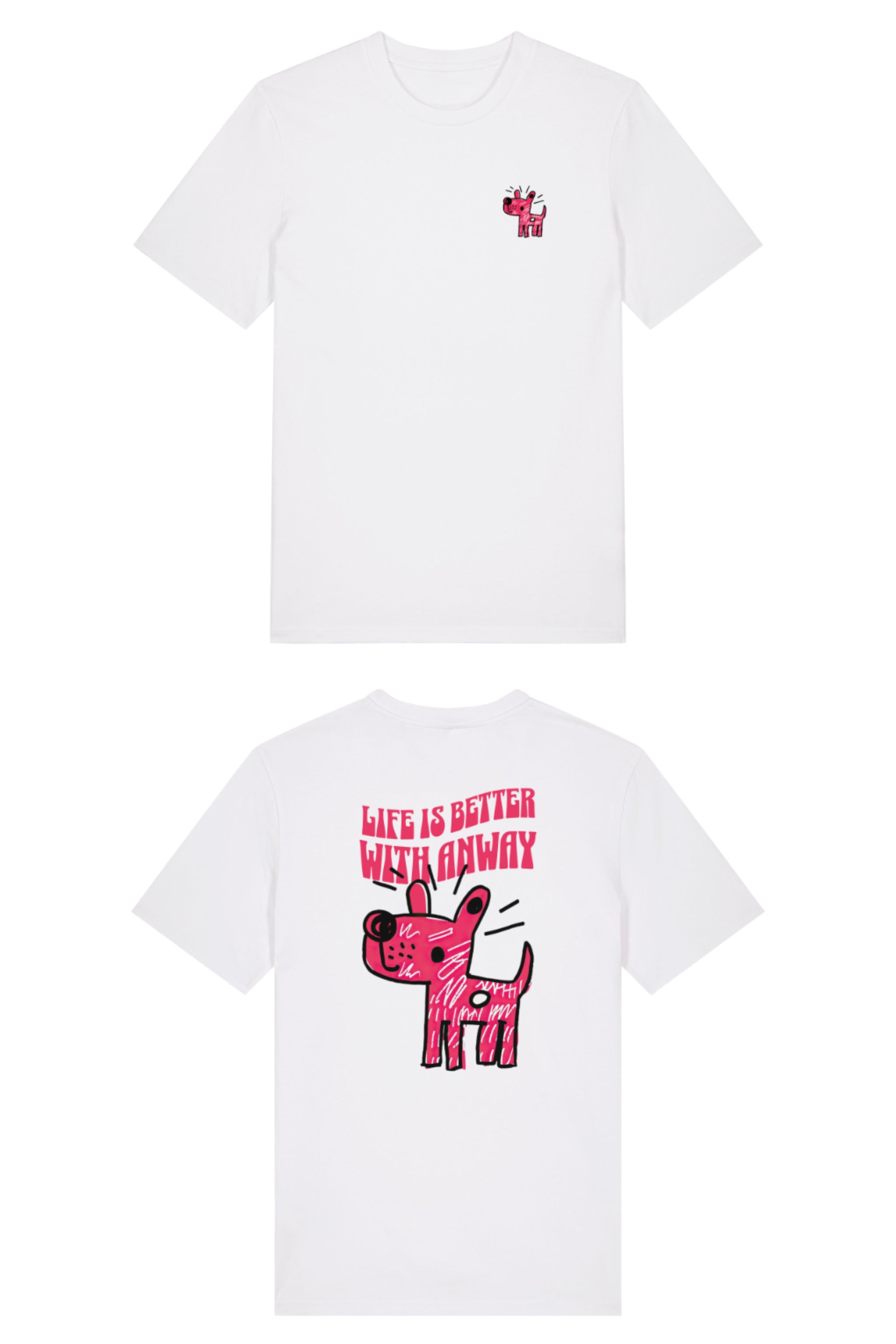 T-Shirt aus 100 % Bio-Baumwolle mit normaler Passform, erhältlich in verschiedenen Farben wie Blue Soul, Cotton Pink, Lavender, Aloe, Weiss und Schwarz. Individuell bedruckbar mit Wunschmotiv. Weiches, angenehm leichtes Material für hohen Tragekomfort. Ideal für einen zeitgemässen, entspannten Look. Vorderseite: Kleiner Hund im Comic-Stil auf der linken Brust. Rückseite: Handgezeichnetes Hundemotiv und Schriftzug „LIFE IS BETTER WITH ANWAY“