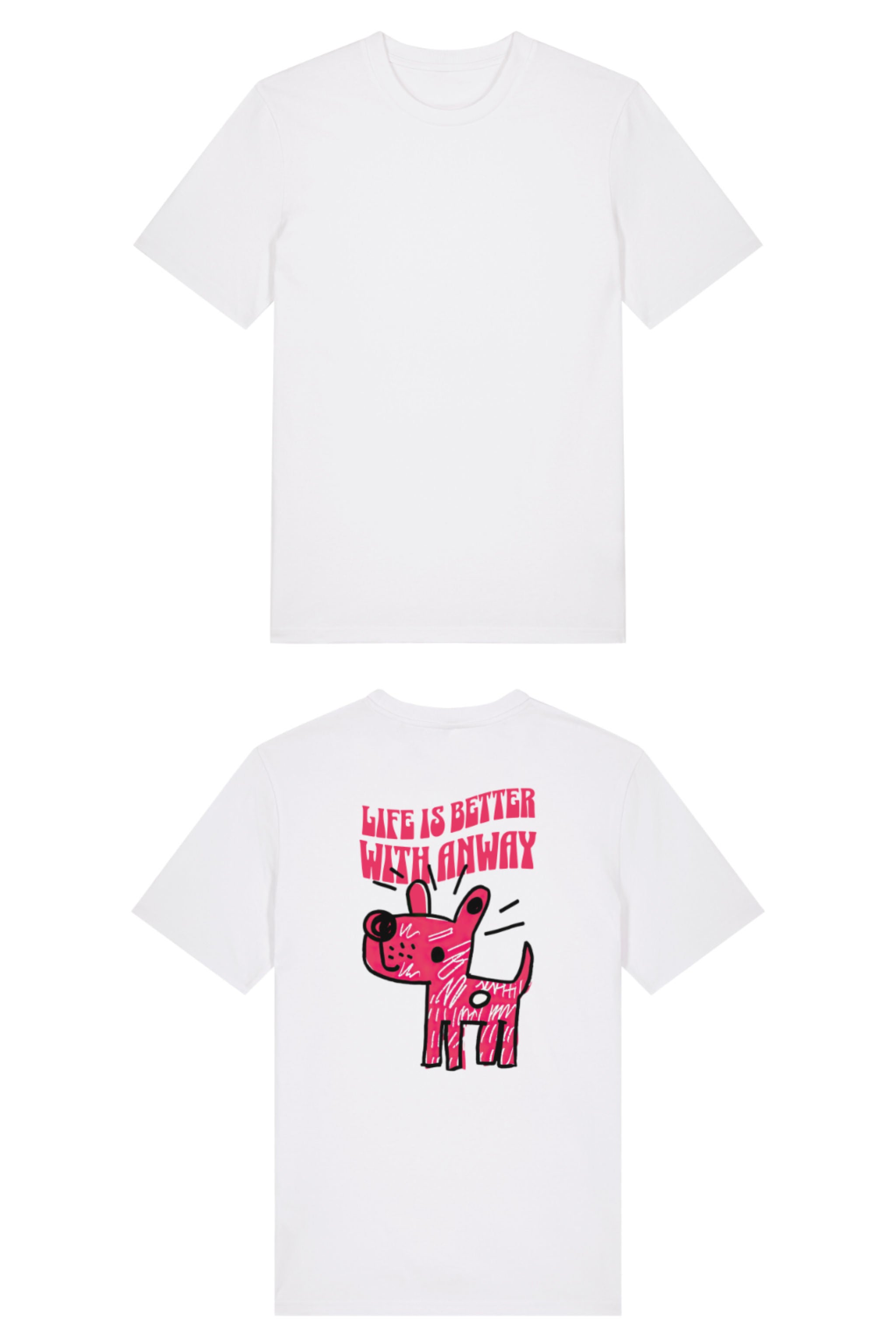 T-Shirt aus 100 % Bio-Baumwolle mit normaler Passform, erhältlich in verschiedenen Farben wie Blue Soul, Cotton Pink, Lavender, Aloe, Weiss und Schwarz. Individuell bedruckbar mit Wunschmotiv. Weiches, angenehm leichtes Material für hohen Tragekomfort. Ideal für einen zeitgemässen, entspannten Look. Handgezeichnetes Hundemotiv und Schriftzug „LIFE IS BETTER WITH ANWAY“ auf der Rückseite.