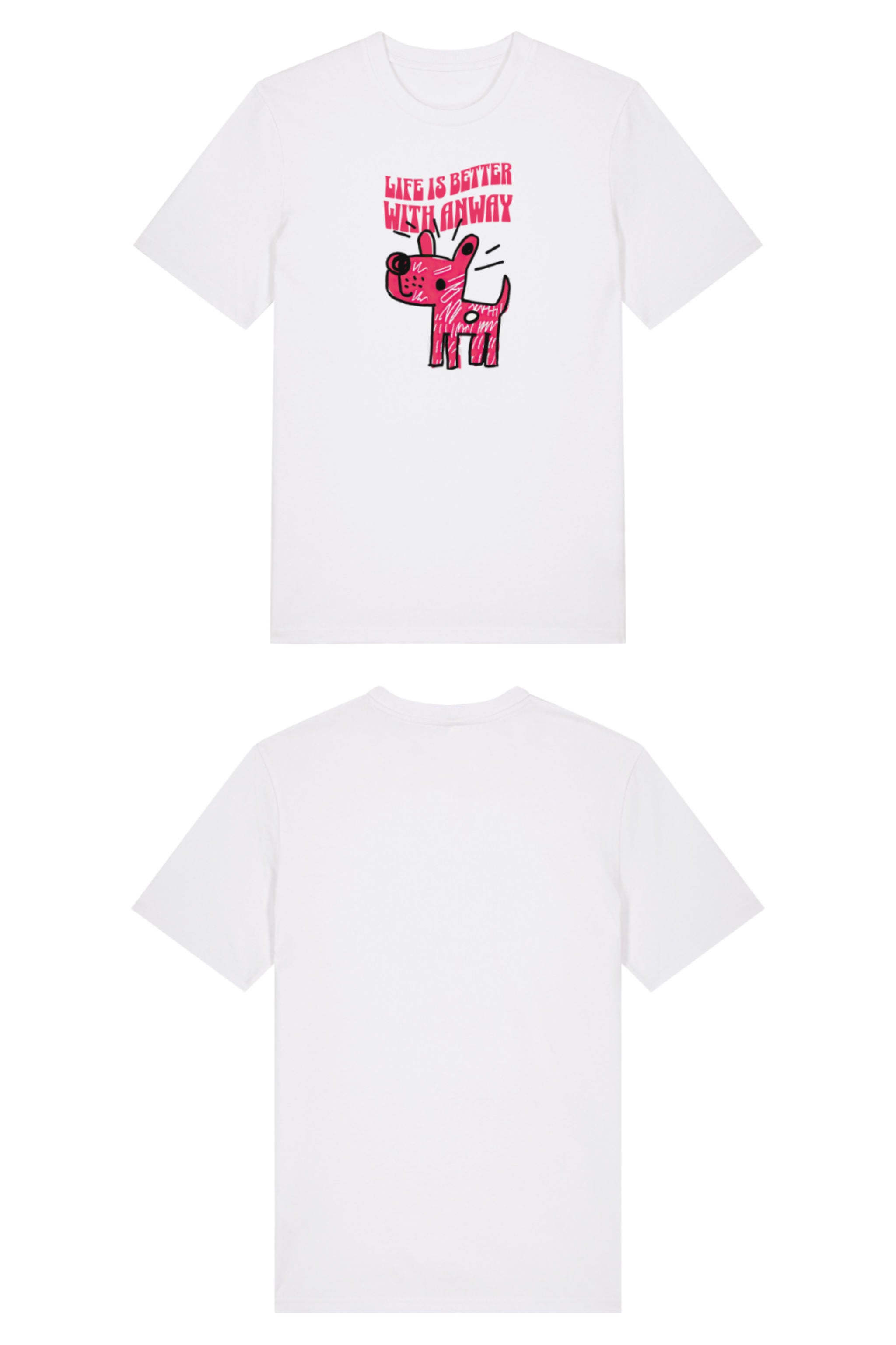 T-Shirt aus 100 % Bio-Baumwolle mit normaler Passform, erhältlich in verschiedenen Farben wie Blue Soul, Cotton Pink, Lavender, Aloe, Weiss und Schwarz. Individuell bedruckbar mit Wunschmotiv. Weiches, angenehm leichtes Material für hohen Tragekomfort. Ideal für einen zeitgemässen, entspannten Look. Handgezeichnetes Hundemotiv und Schriftzug „LIFE IS BETTER WITH ANWAY“ auf der Vorderseite.
