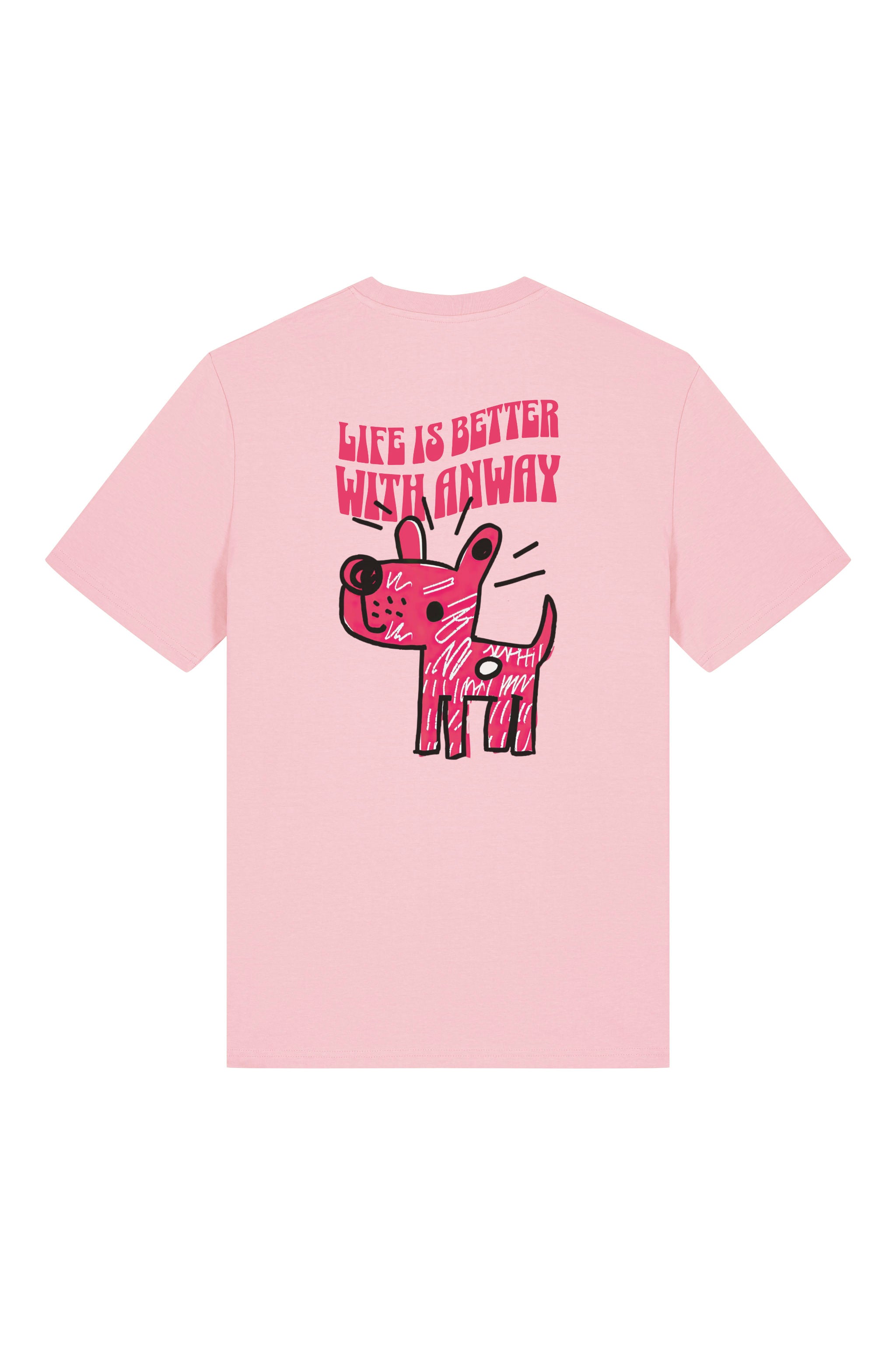 T-Shirt aus 100 % Bio-Baumwolle mit normaler Passform, erhältlich in verschiedenen Farben wie Blue Soul, Cotton Pink, Lavender, Aloe, Weiss und Schwarz. Individuell bedruckbar mit Wunschmotiv. Weiches, angenehm leichtes Material für hohen Tragekomfort. Ideal für einen zeitgemässen, entspannten Look. Handgezeichnetes Hundemotiv und Schriftzug „LIFE IS BETTER WITH ANWAY“ auf der Rückseite.