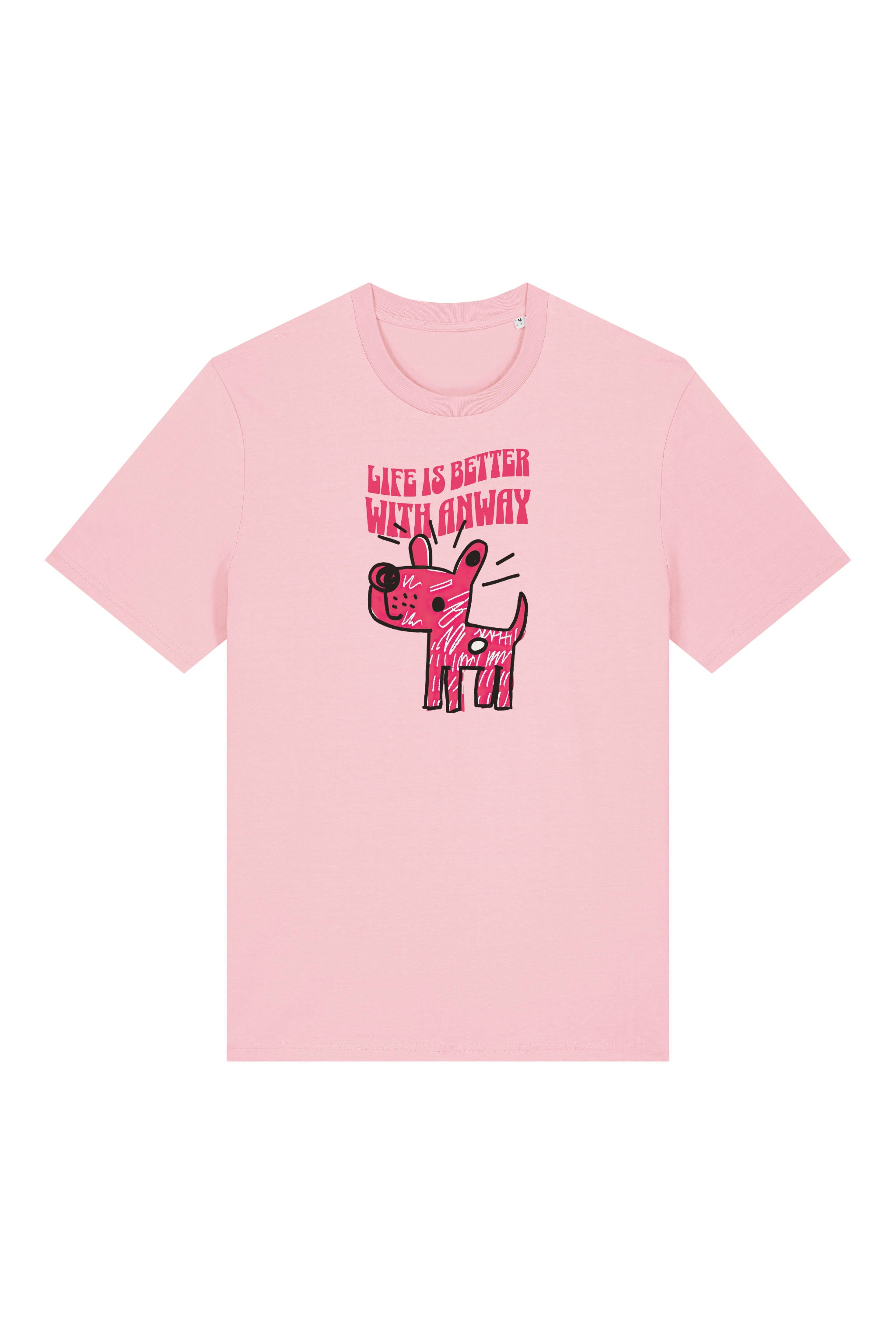 T-Shirt aus 100 % Bio-Baumwolle mit normaler Passform, erhältlich in verschiedenen Farben wie Blue Soul, Cotton Pink, Lavender, Aloe, Weiss und Schwarz. Individuell bedruckbar mit Wunschmotiv. Weiches, angenehm leichtes Material für hohen Tragekomfort. Ideal für einen zeitgemässen, entspannten Look. Handgezeichnetes Hundemotiv und Schriftzug „LIFE IS BETTER WITH ANWAY“ auf der Vorderseite.