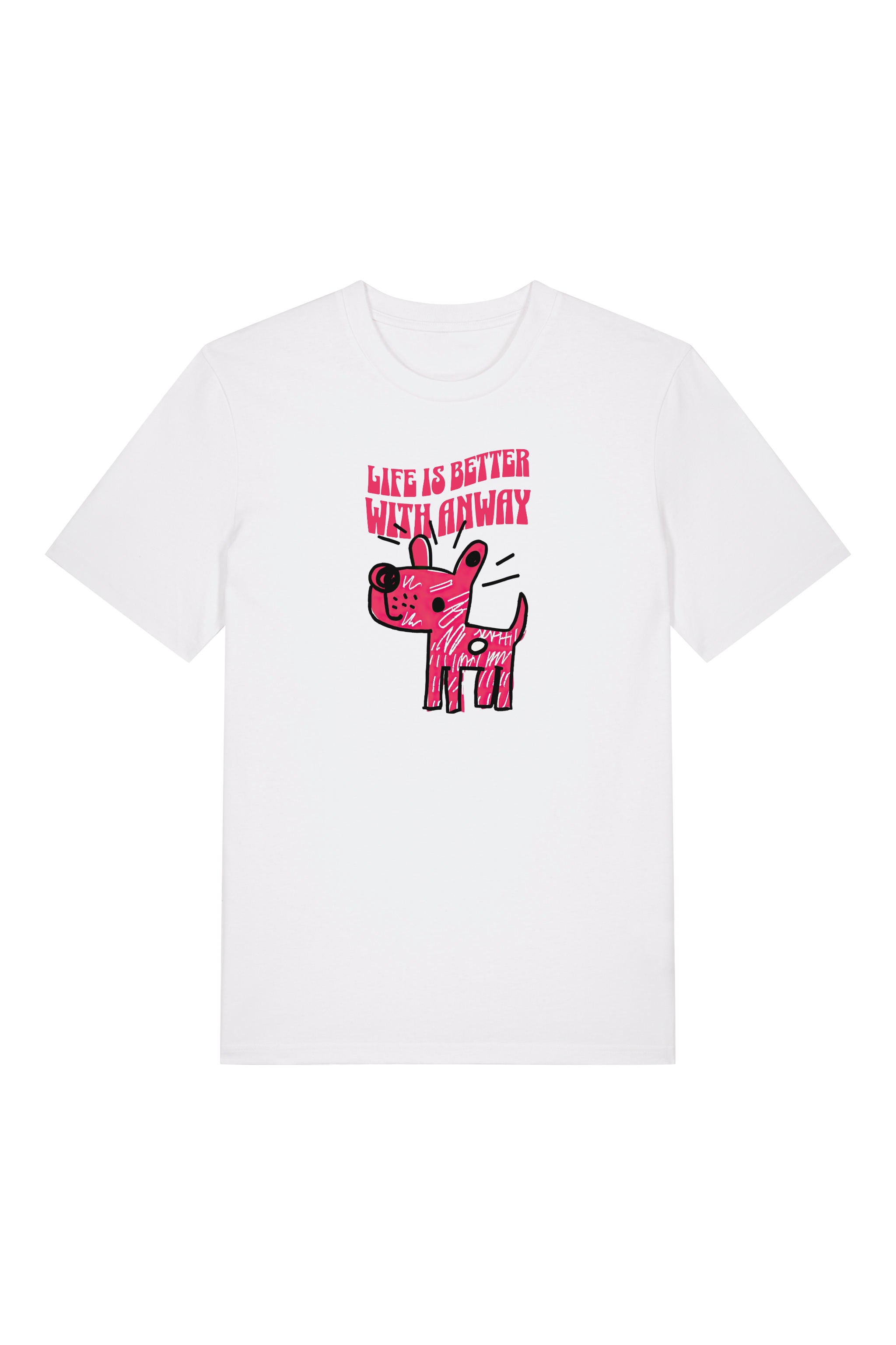 T-Shirt aus 100 % Bio-Baumwolle mit normaler Passform, erhältlich in verschiedenen Farben wie Blue Soul, Cotton Pink, Lavender, Aloe, Weiss und Schwarz. Individuell bedruckbar mit Wunschmotiv. Weiches, angenehm leichtes Material für hohen Tragekomfort. Ideal für einen zeitgemässen, entspannten Look. Handgezeichnetes Hundemotiv und Schriftzug „LIFE IS BETTER WITH ANWAY“ auf der Vorderseite.