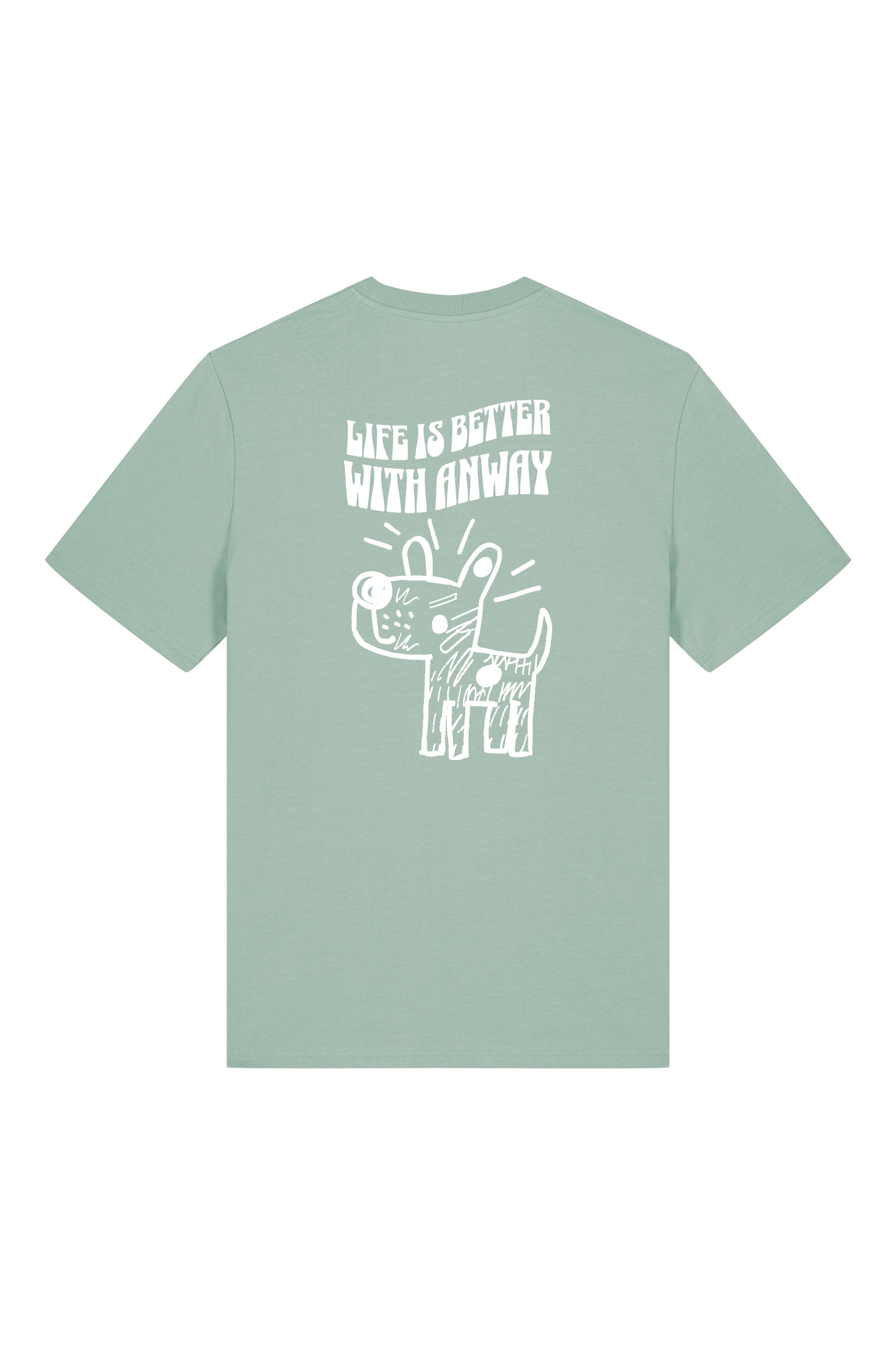 T-Shirt aus 100 % Bio-Baumwolle mit normaler Passform, erhältlich in verschiedenen Farben wie Blue Soul, Cotton Pink, Lavender, Aloe, Weiss und Schwarz. Individuell bedruckbar mit Wunschmotiv. Weiches, angenehm leichtes Material für hohen Tragekomfort. Ideal für einen zeitgemässen, entspannten Look. Handgezeichnetes Hundemotiv und Schriftzug „LIFE IS BETTER WITH ANWAY“ auf der Rückseite.