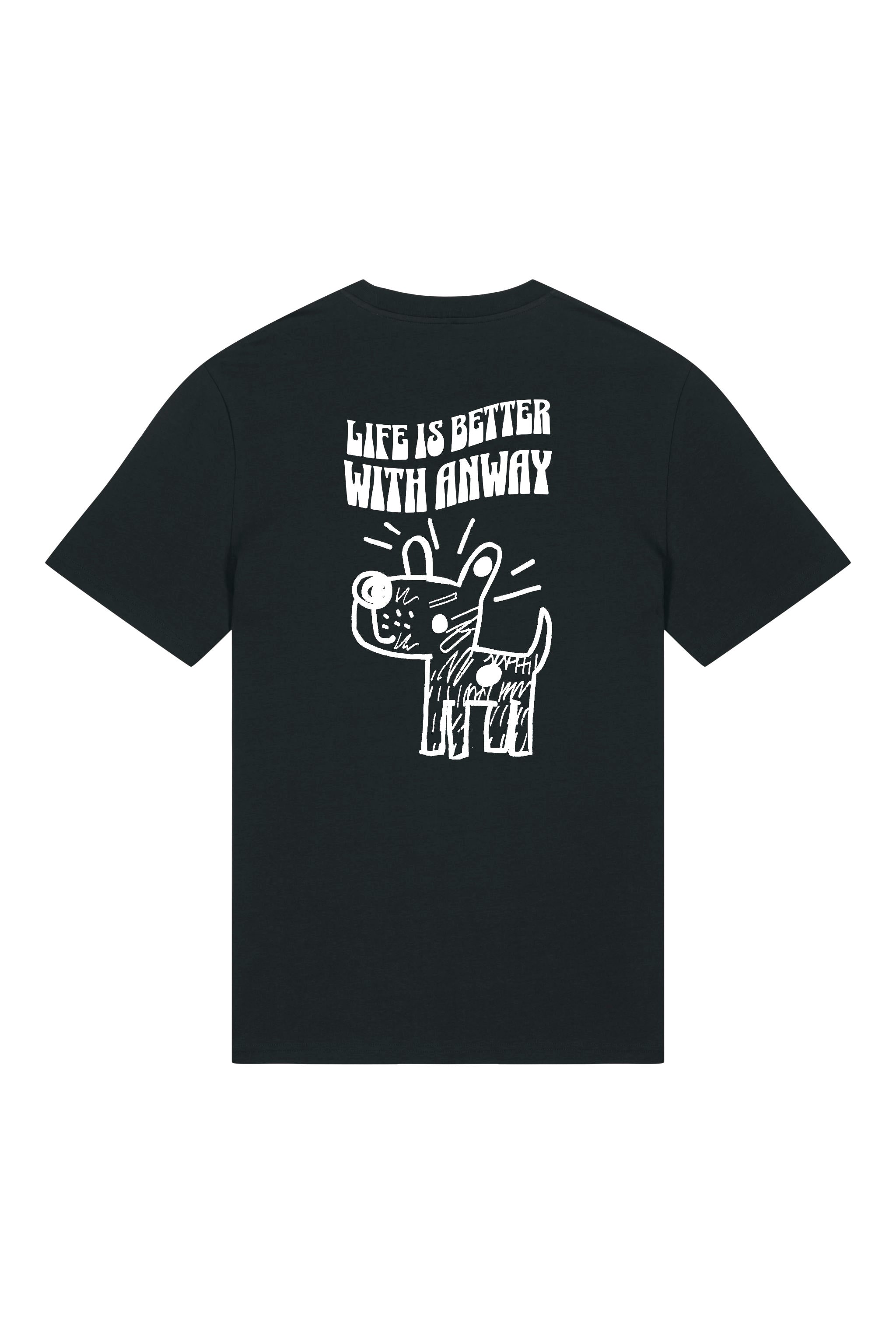 T-Shirt aus 100 % Bio-Baumwolle mit normaler Passform, erhältlich in verschiedenen Farben wie Blue Soul, Cotton Pink, Lavender, Aloe, Weiss und Schwarz. Individuell bedruckbar mit Wunschmotiv. Weiches, angenehm leichtes Material für hohen Tragekomfort. Ideal für einen zeitgemässen, entspannten Look. Vorderseite: Kleiner Hund im Comic-Stil auf der linken Brust. Rückseite: Handgezeichnetes Hundemotiv und Schriftzug „LIFE IS BETTER WITH ANWAY“