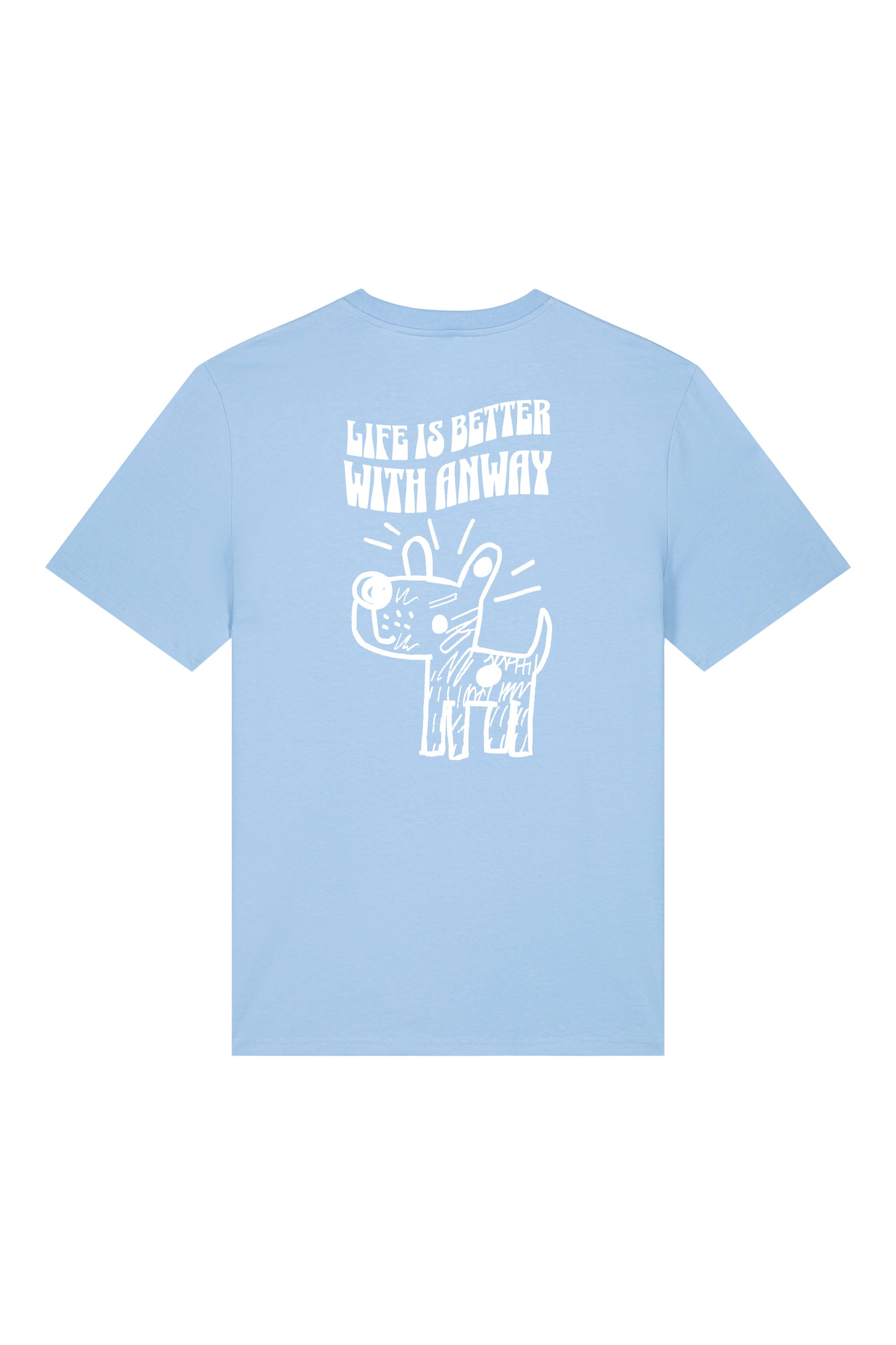 T-Shirt aus 100 % Bio-Baumwolle mit normaler Passform, erhältlich in verschiedenen Farben wie Blue Soul, Cotton Pink, Lavender, Aloe, Weiss und Schwarz. Individuell bedruckbar mit Wunschmotiv. Weiches, angenehm leichtes Material für hohen Tragekomfort. Ideal für einen zeitgemässen, entspannten Look. Handgezeichnetes Hundemotiv und Schriftzug „LIFE IS BETTER WITH ANWAY“ auf der Rückseite.