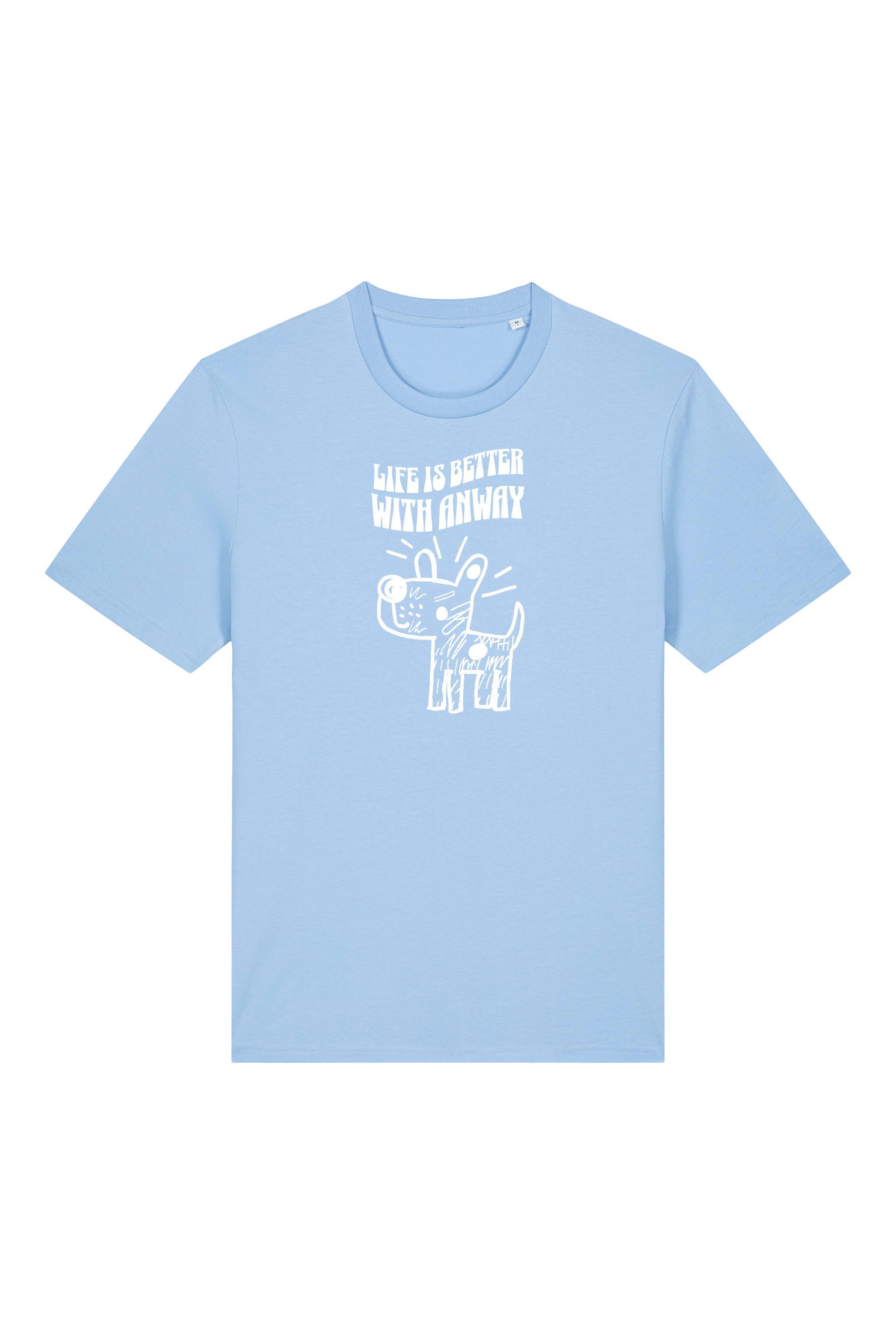 T-Shirt aus 100 % Bio-Baumwolle mit normaler Passform, erhältlich in verschiedenen Farben wie Blue Soul, Cotton Pink, Lavender, Aloe, Weiss und Schwarz. Individuell bedruckbar mit Wunschmotiv. Weiches, angenehm leichtes Material für hohen Tragekomfort. Ideal für einen zeitgemässen, entspannten Look. Handgezeichnetes Hundemotiv und Schriftzug „LIFE IS BETTER WITH ANWAY“ auf der Vorderseite.