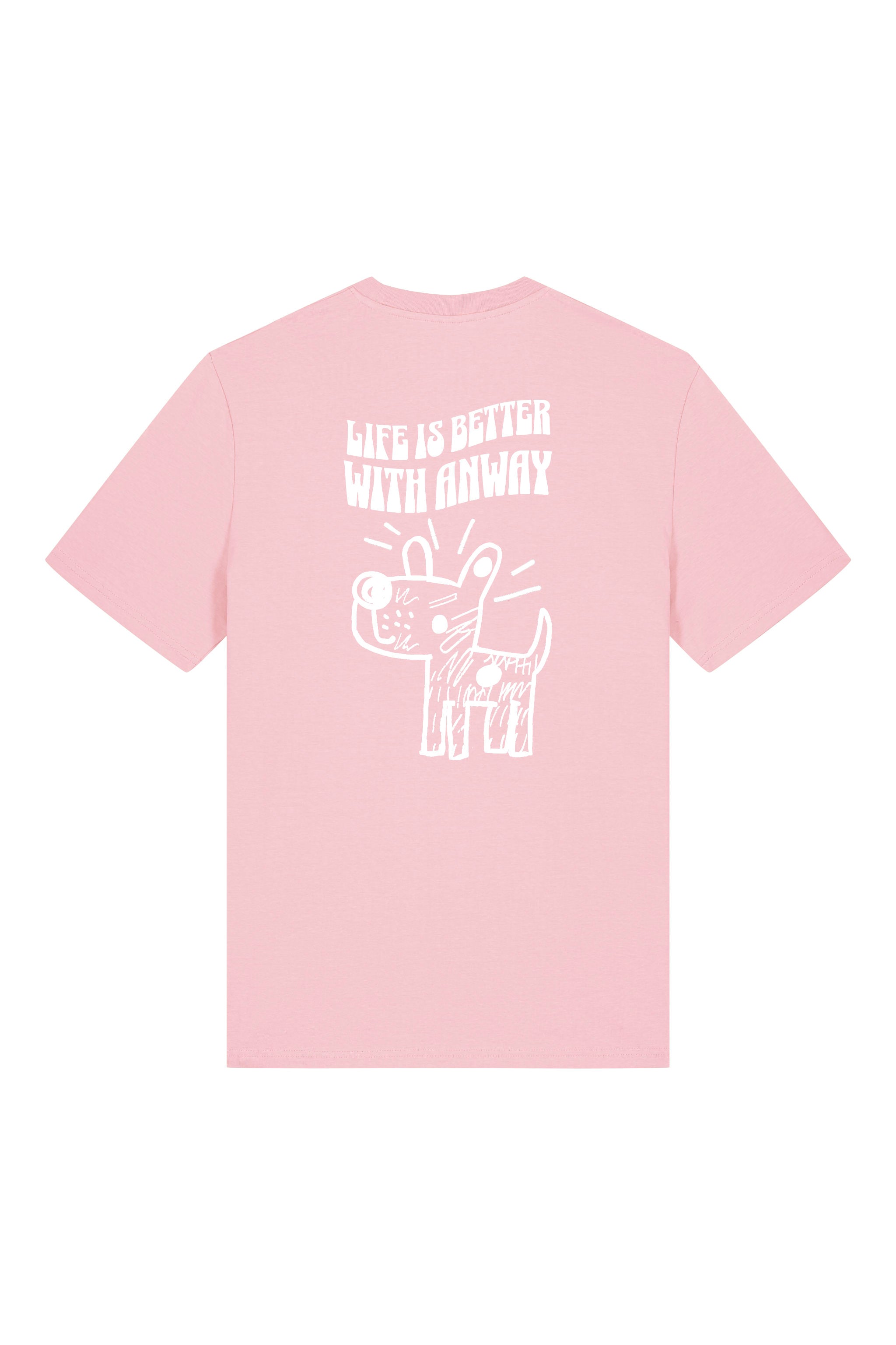 T-Shirt aus 100 % Bio-Baumwolle mit normaler Passform, erhältlich in verschiedenen Farben wie Blue Soul, Cotton Pink, Lavender, Aloe, Weiss und Schwarz. Individuell bedruckbar mit Wunschmotiv. Weiches, angenehm leichtes Material für hohen Tragekomfort. Ideal für einen zeitgemässen, entspannten Look. Vorderseite: Kleiner Hund im Comic-Stil auf der linken Brust. Rückseite: Handgezeichnetes Hundemotiv und Schriftzug „LIFE IS BETTER WITH ANWAY“