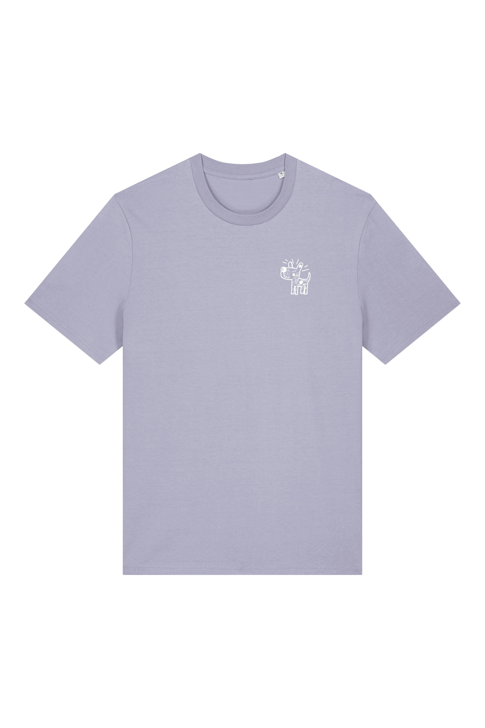 T-Shirt aus 100 % Bio-Baumwolle mit normaler Passform, erhältlich in verschiedenen Farben wie Blue Soul, Cotton Pink, Lavender, Aloe, Weiss und Schwarz. Individuell bedruckbar mit Wunschmotiv. Weiches, angenehm leichtes Material für hohen Tragekomfort. Ideal für einen zeitgemässen, entspannten Look. Vorderseite: Kleiner Hund im Comic-Stil auf der linken Brust. Rückseite: Handgezeichnetes Hundemotiv und Schriftzug „LIFE IS BETTER WITH ANWAY“