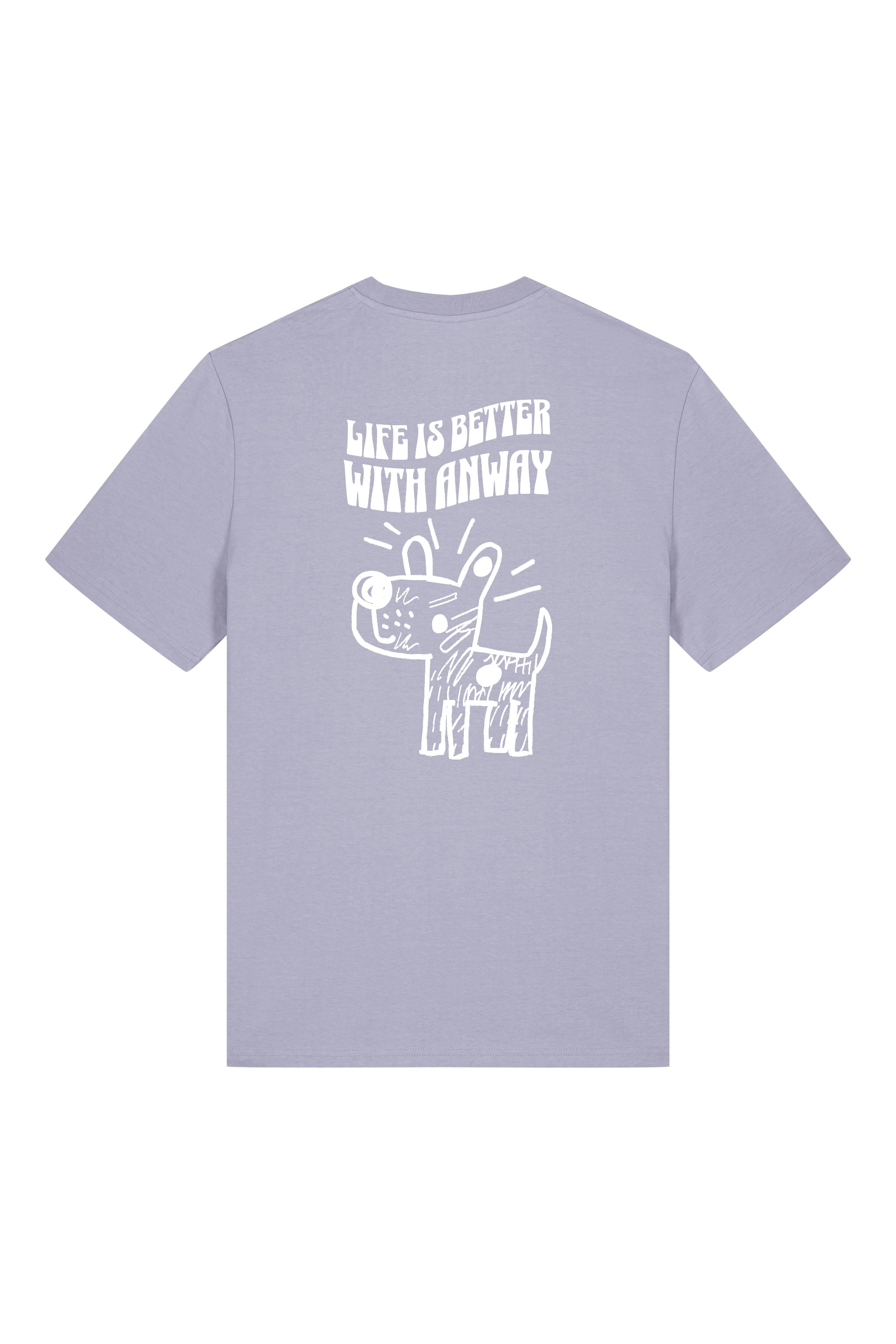 T-Shirt aus 100 % Bio-Baumwolle mit normaler Passform, erhältlich in verschiedenen Farben wie Blue Soul, Cotton Pink, Lavender, Aloe, Weiss und Schwarz. Individuell bedruckbar mit Wunschmotiv. Weiches, angenehm leichtes Material für hohen Tragekomfort. Ideal für einen zeitgemässen, entspannten Look. Handgezeichnetes Hundemotiv und Schriftzug „LIFE IS BETTER WITH ANWAY“ auf der Rückseite.