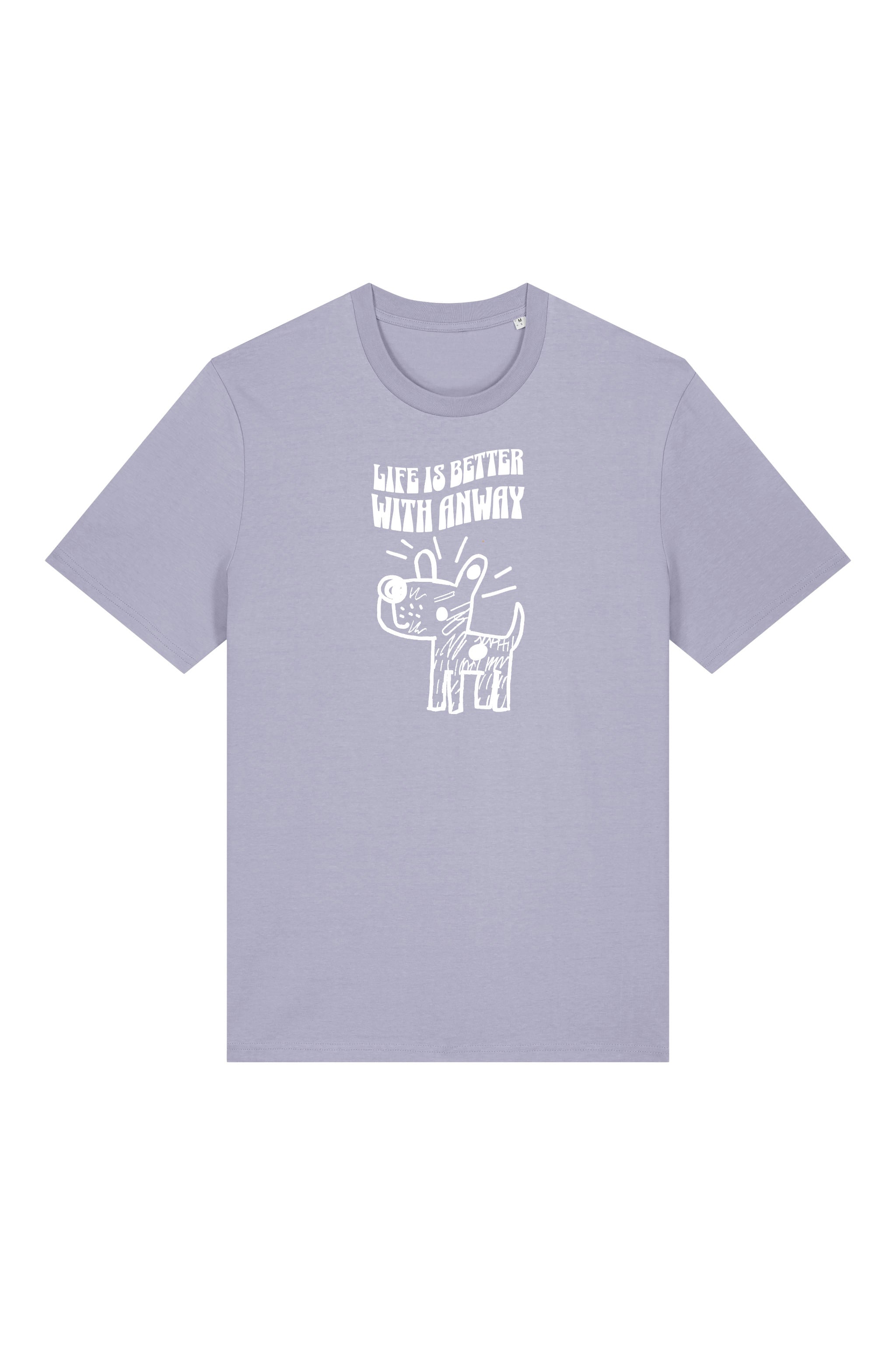 T-Shirt aus 100 % Bio-Baumwolle mit normaler Passform, erhältlich in verschiedenen Farben wie Blue Soul, Cotton Pink, Lavender, Aloe, Weiss und Schwarz. Individuell bedruckbar mit Wunschmotiv. Weiches, angenehm leichtes Material für hohen Tragekomfort. Ideal für einen zeitgemässen, entspannten Look. Handgezeichnetes Hundemotiv und Schriftzug „LIFE IS BETTER WITH ANWAY“ auf der Vorderseite.