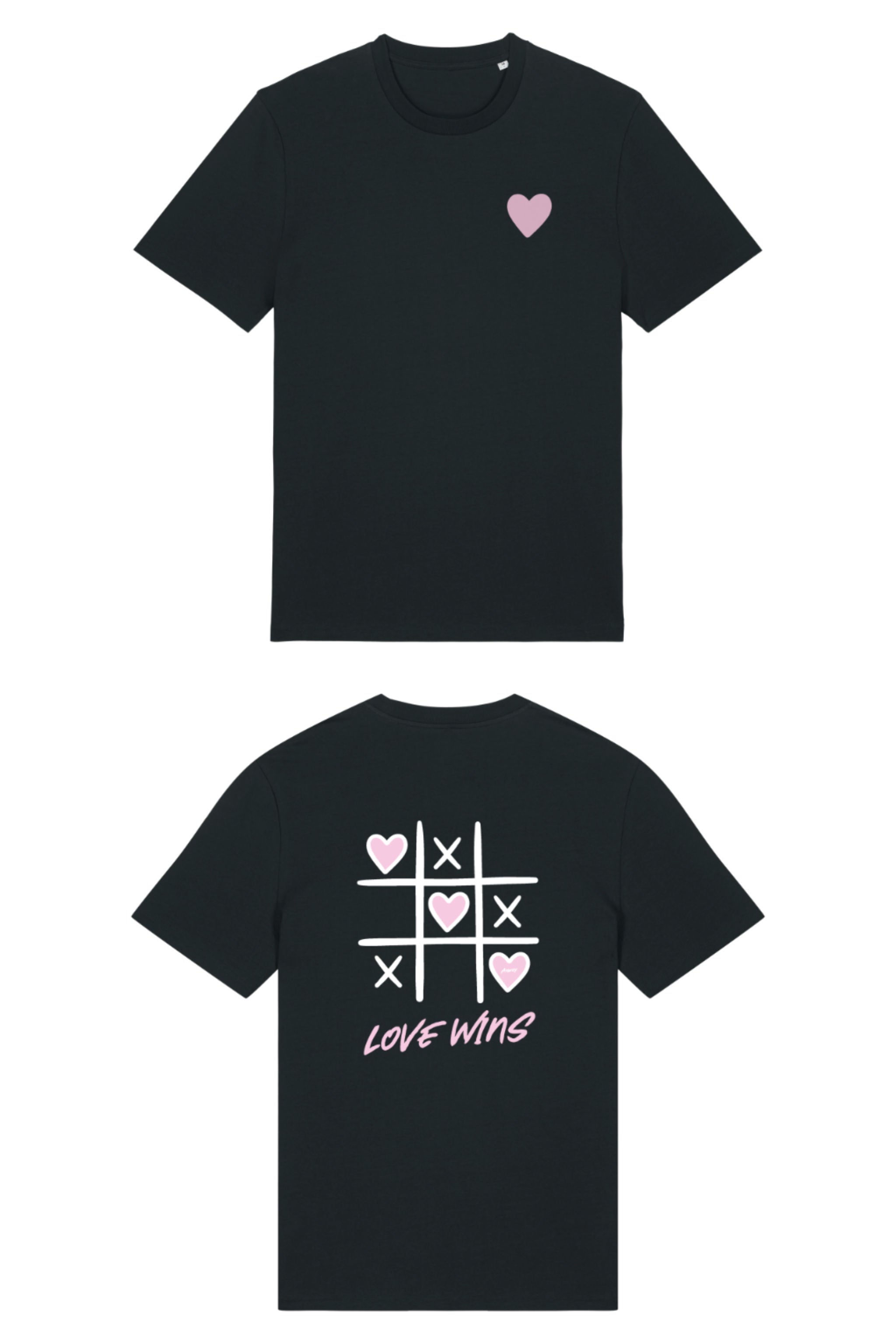 T-Shirt aus 100 % Bio-Baumwolle mit normaler Passform, erhältlich in verschiedenen Farben wie Blue Soul, Cotton Pink, Lavender, Aloe, Weiss und Schwarz. Individuell bedruckbar mit Wunschmotiv. Weiches, angenehm leichtes Material für hohen Tragekomfort. Ideal für einen zeitgemässen, entspannten Look. Vorderseite: Rosa Herz auf der linken Brust. Rückseite: Tic-Tac-Toe-Motiv mit rosa Herzen und darunter der Schriftzug „LOVE WINS“ in rosa.