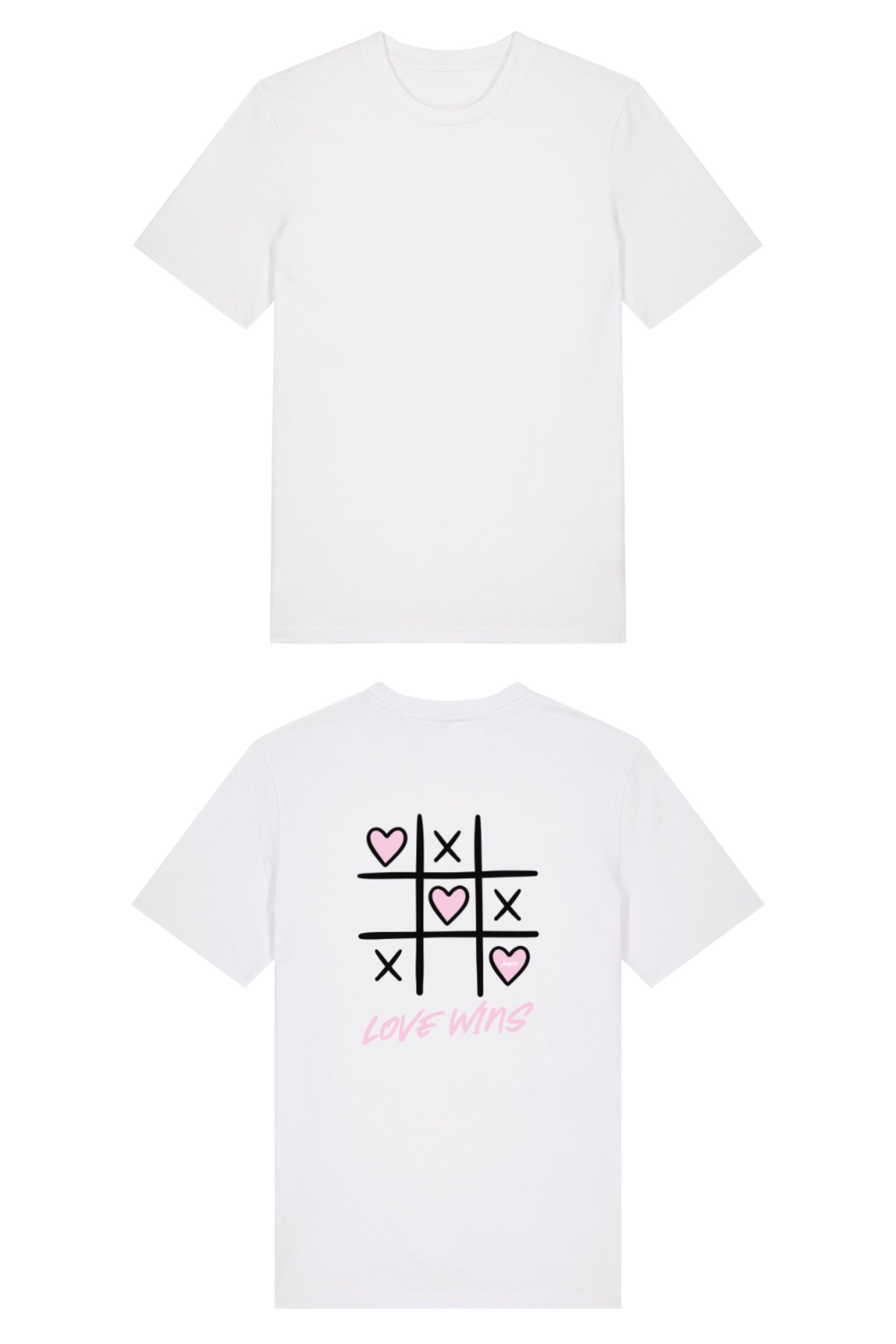 T-Shirt aus 100 % Bio-Baumwolle mit normaler Passform, erhältlich in verschiedenen Farben wie Blue Soul, Cotton Pink, Lavender, Aloe, Weiss und Schwarz. Individuell bedruckbar mit Wunschmotiv. Weiches, angenehm leichtes Material für hohen Tragekomfort. Ideal für einen zeitgemässen, entspannten Look. Tic-Tac-Toe-Motiv mit rosa Herzen und darunter der Schriftzug „LOVE WINS“ in rosa auf der Rückseite.