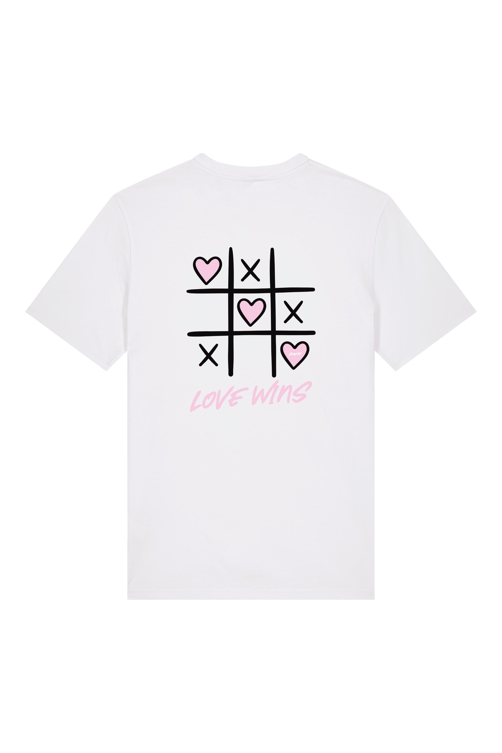 T-Shirt aus 100 % Bio-Baumwolle mit normaler Passform, erhältlich in verschiedenen Farben wie Blue Soul, Cotton Pink, Lavender, Aloe, Weiss und Schwarz. Individuell bedruckbar mit Wunschmotiv. Weiches, angenehm leichtes Material für hohen Tragekomfort. Ideal für einen zeitgemässen, entspannten Look. Tic-Tac-Toe-Motiv mit rosa Herzen und darunter der Schriftzug „LOVE WINS“ in rosa auf der Rückseite.