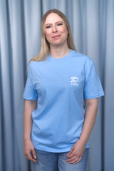 Unisex T-Shirt aus 100% Bio-Baumwolle Blue Soul hellblau mit weissem Print Aufdruck More Amore Per Favore