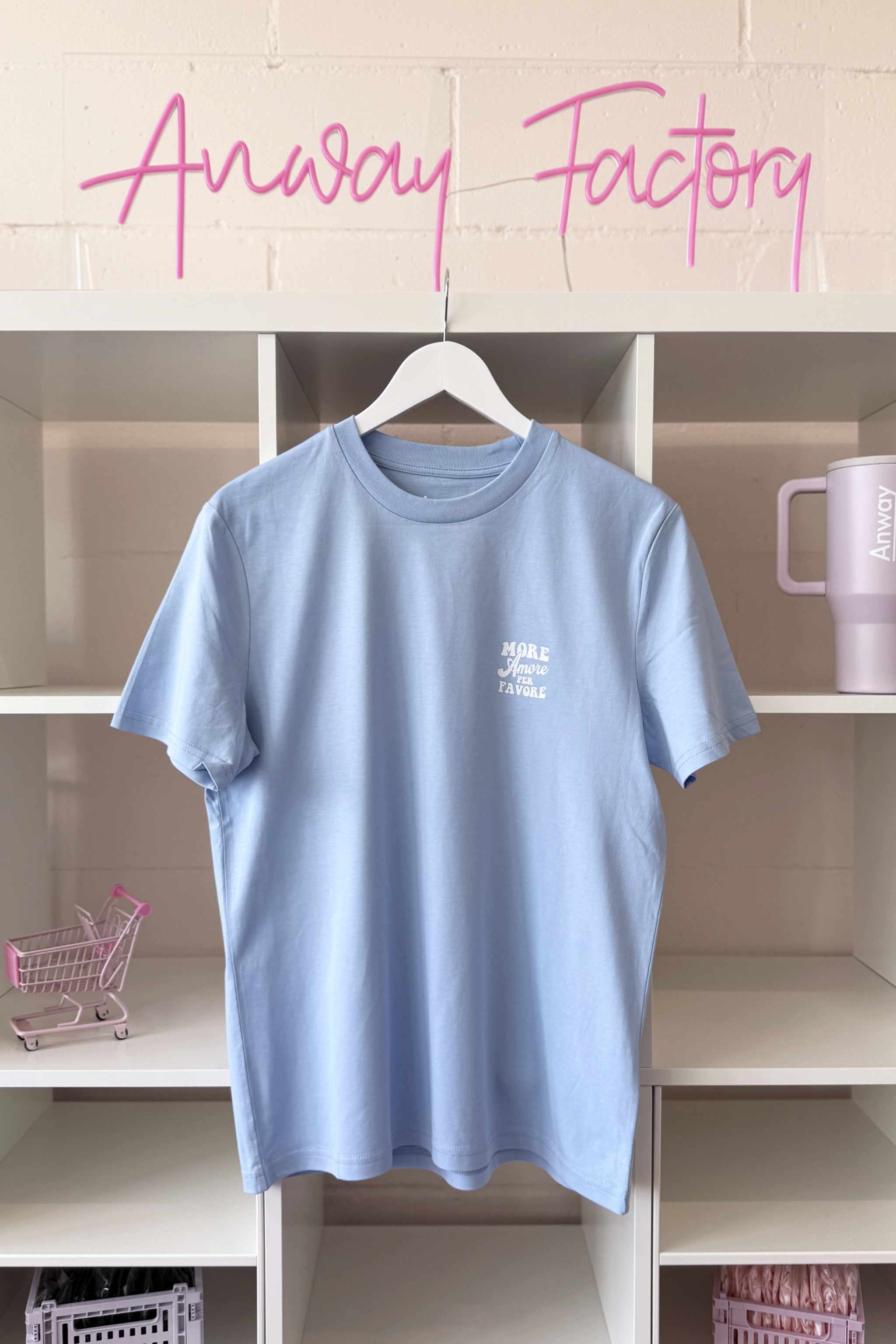 Unisex T-Shirt aus 100% Bio-Baumwolle Blue Soul hellblau mit weissem Print Aufdruck More Amore Per Favore