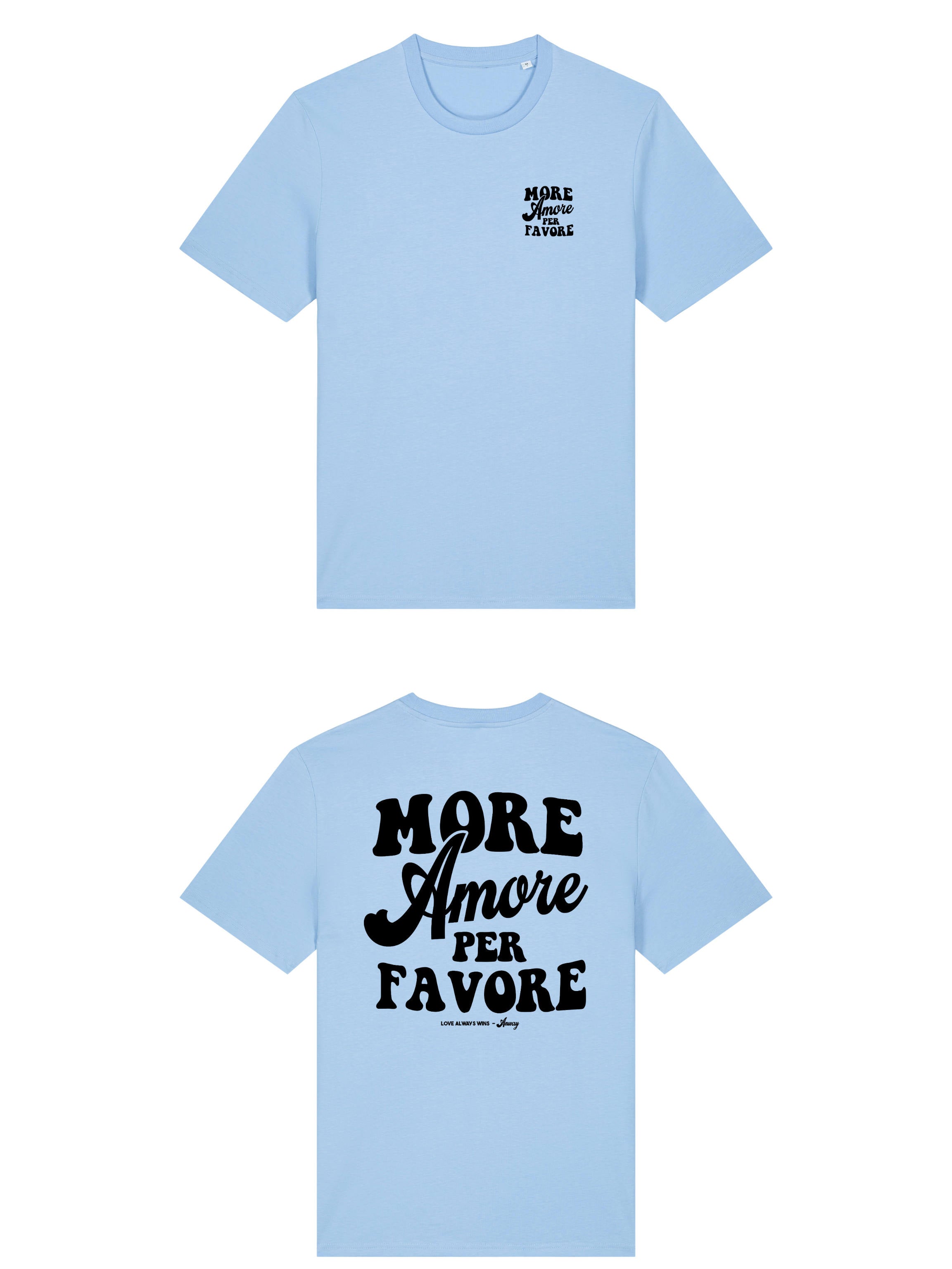 Unisex T-Shirt aus 100% Bio-Baumwolle Blue Soul hellblau mit schwarzem Print Aufdruck More Amore Per Favore
