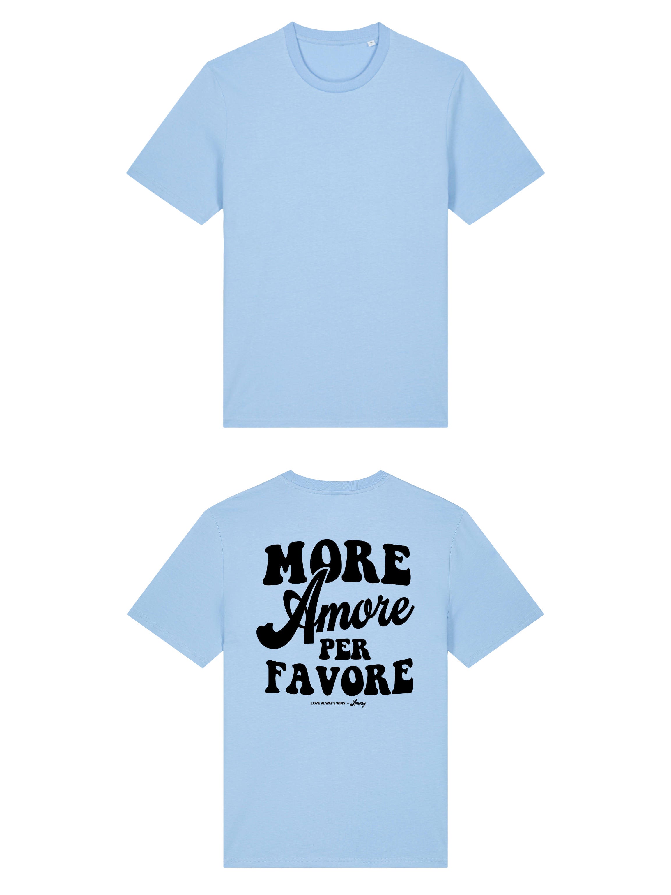 Unisex T-Shirt aus 100% Bio-Baumwolle Blue Soul hellblau mit schwarzem Print Aufdruck More Amore Per Favore