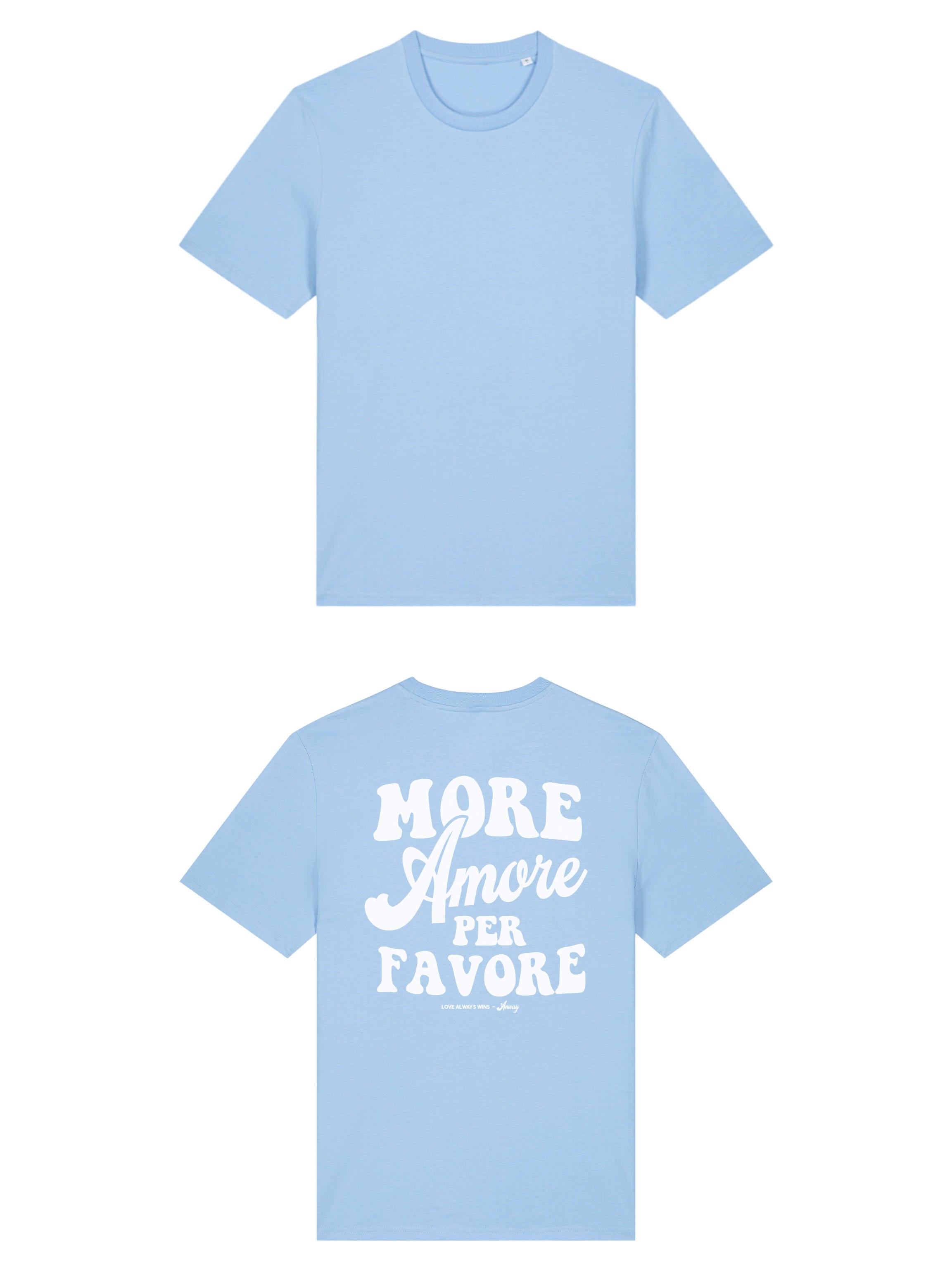 Unisex T-Shirt aus 100% Bio-Baumwolle Blue Soul hellblau mit weissem Print Aufdruck More Amore Per Favore