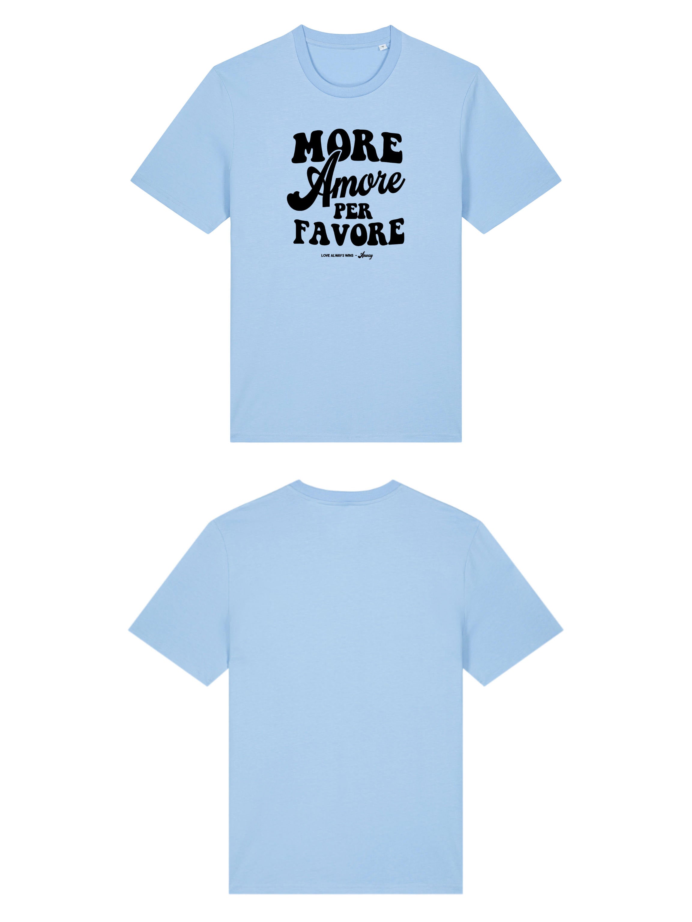 Unisex T-Shirt aus 100% Bio-Baumwolle Blue Soul hellblau mit schwarzem Print Aufdruck More Amore Per Favore
