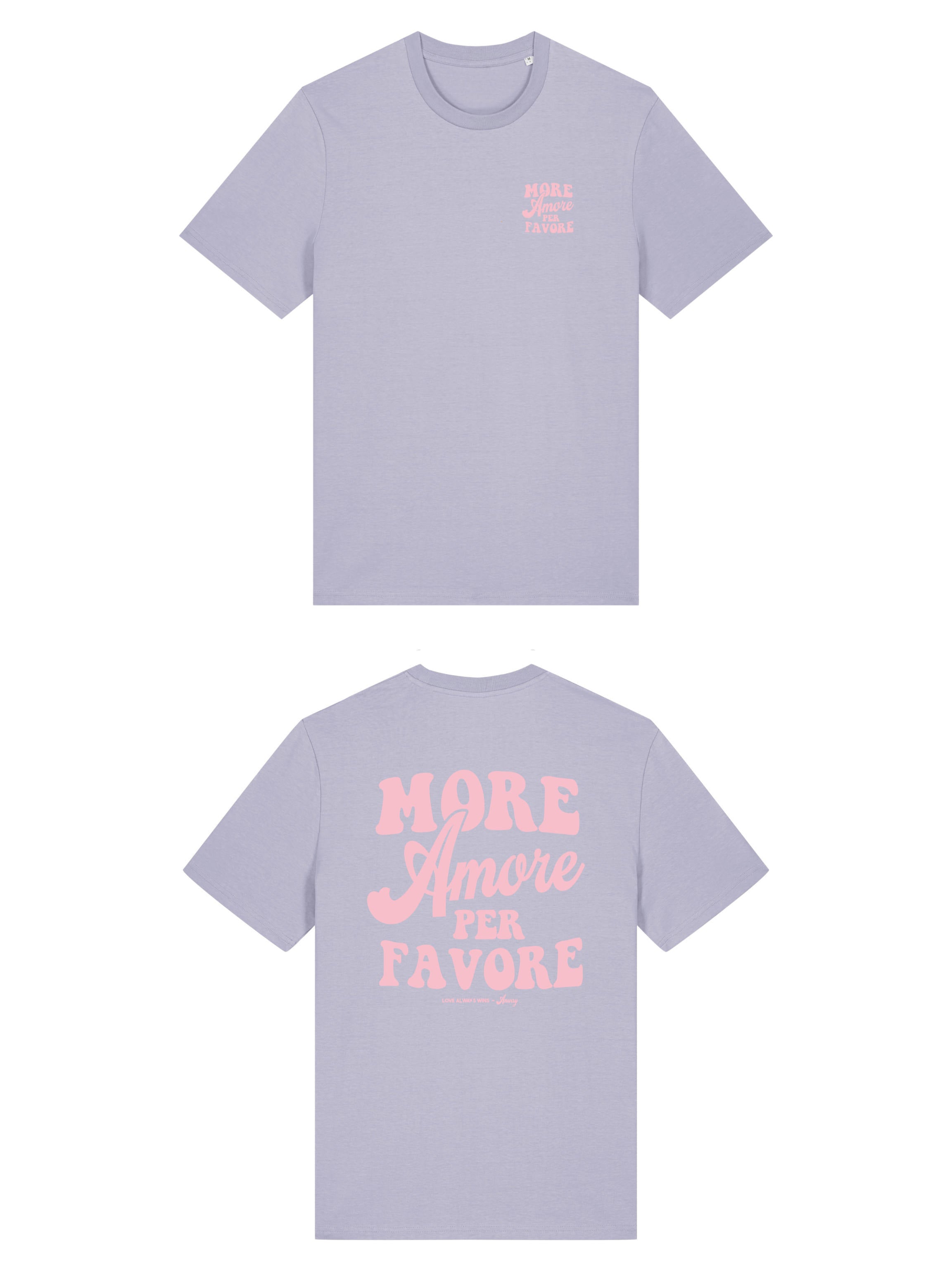Unisex T-Shirt aus 100% Bio-Baumwolle Lavender lila mit rosa Print Aufdruck More Amore Per Favore