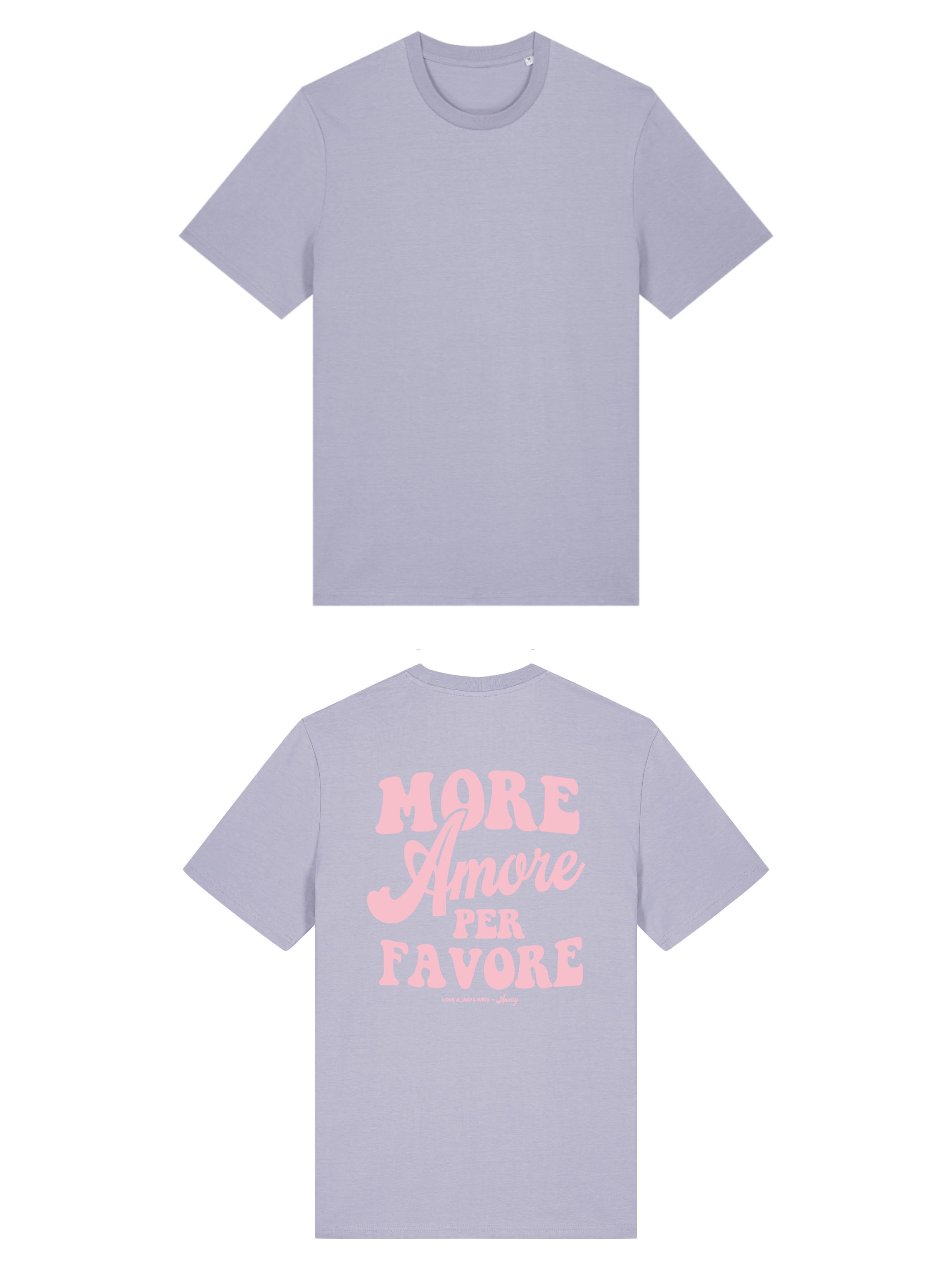Unisex T-Shirt aus 100% Bio-Baumwolle Lavender lila mit rosa Print Aufdruck More Amore Per Favore