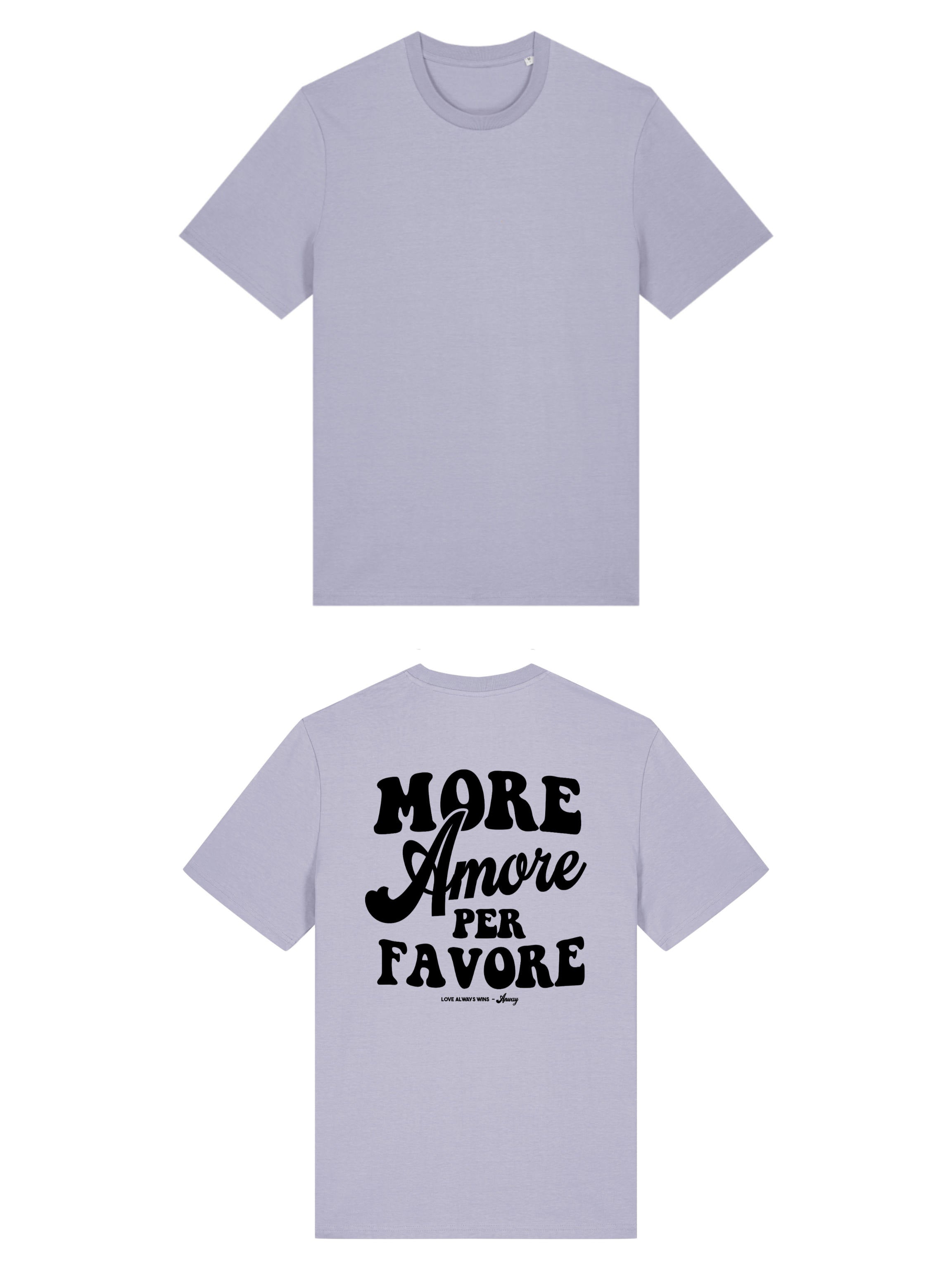 Unisex T-Shirt aus 100% Bio-Baumwolle Lavender lila mit schwarzem Print Aufdruck More Amore Per Favore