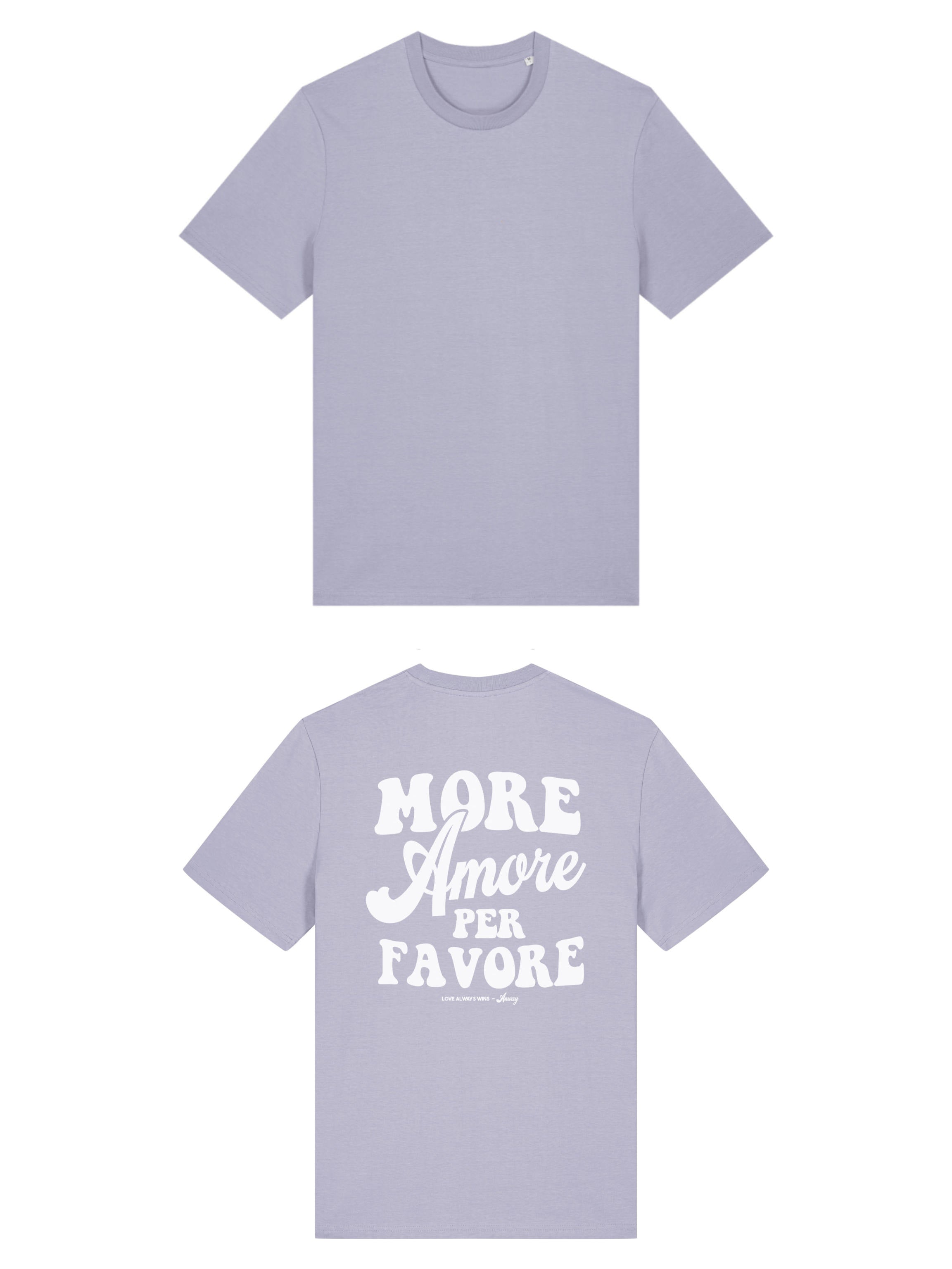 Unisex T-Shirt aus 100% Bio-Baumwolle Lavender lila mit weissem Print Aufdruck More Amore Per Favore