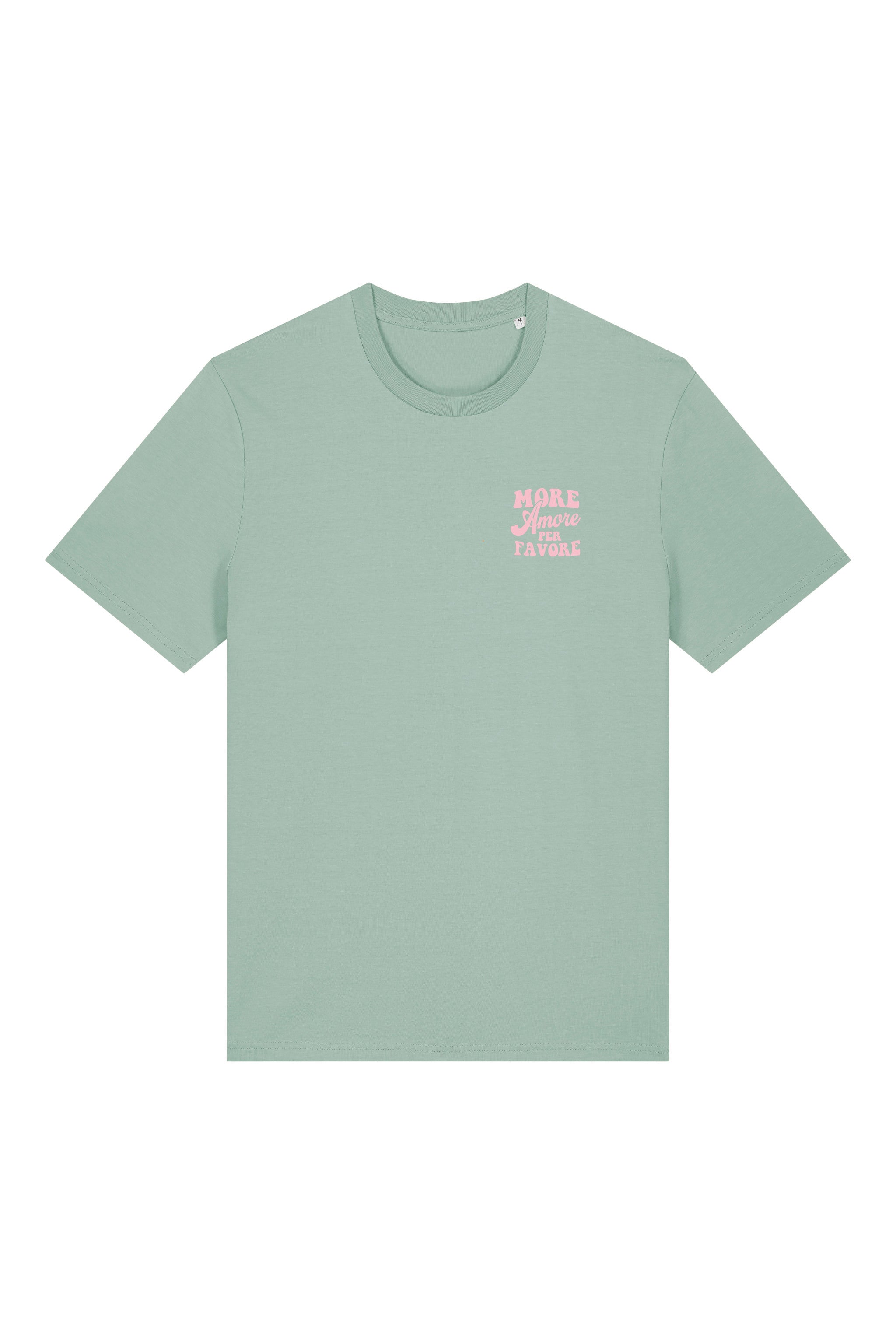 Unisex T-Shirt aus 100% Bio-Baumwolle Aloe grün mit rosa Print Aufdruck More Amore Per Favore