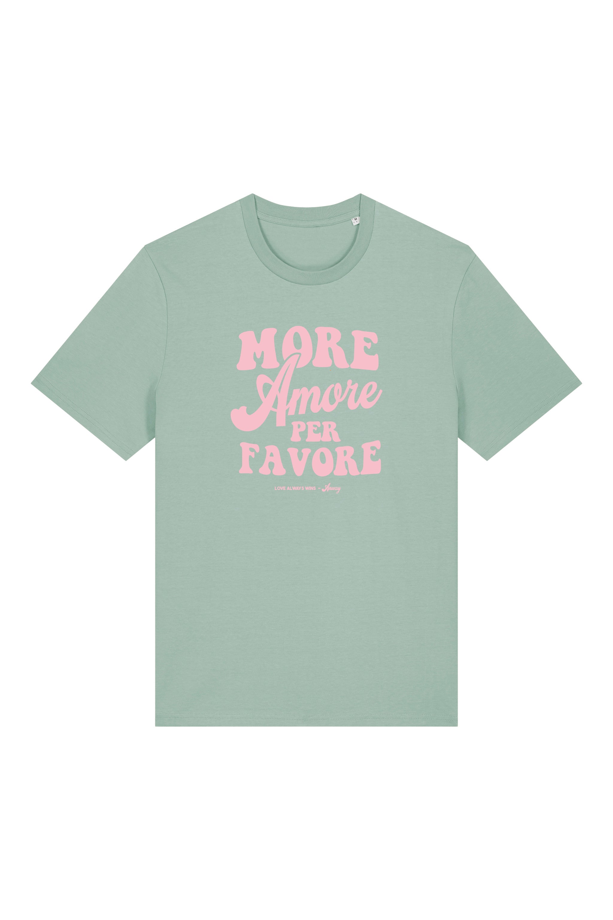 Unisex T-Shirt aus 100% Bio-Baumwolle Aloe grün mit rosa Print Aufdruck More Amore Per Favore