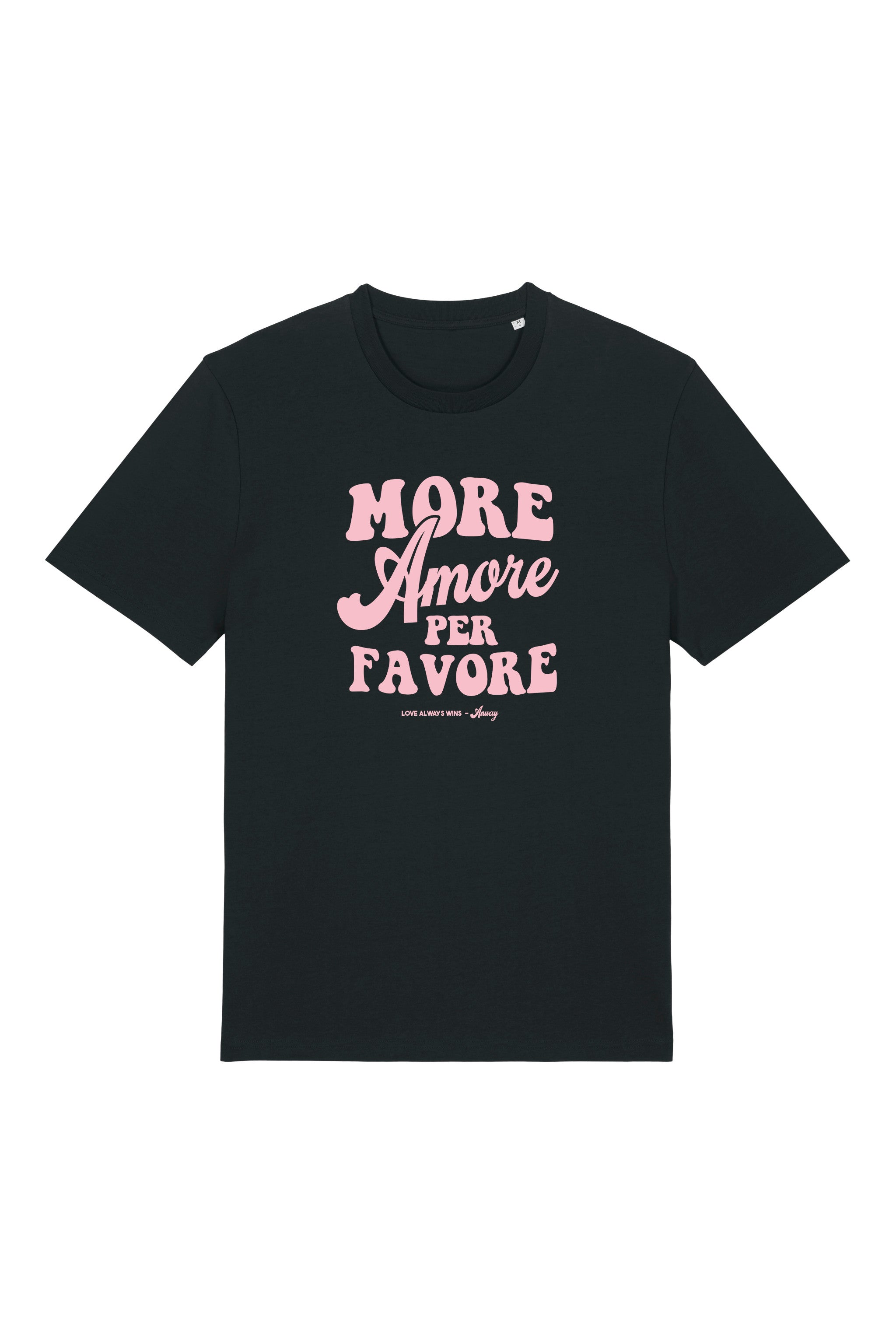 Unisex T-Shirt aus 100% Bio-Baumwolle Black schwarz mit rosa Print Aufdruck More Amore Per Favore