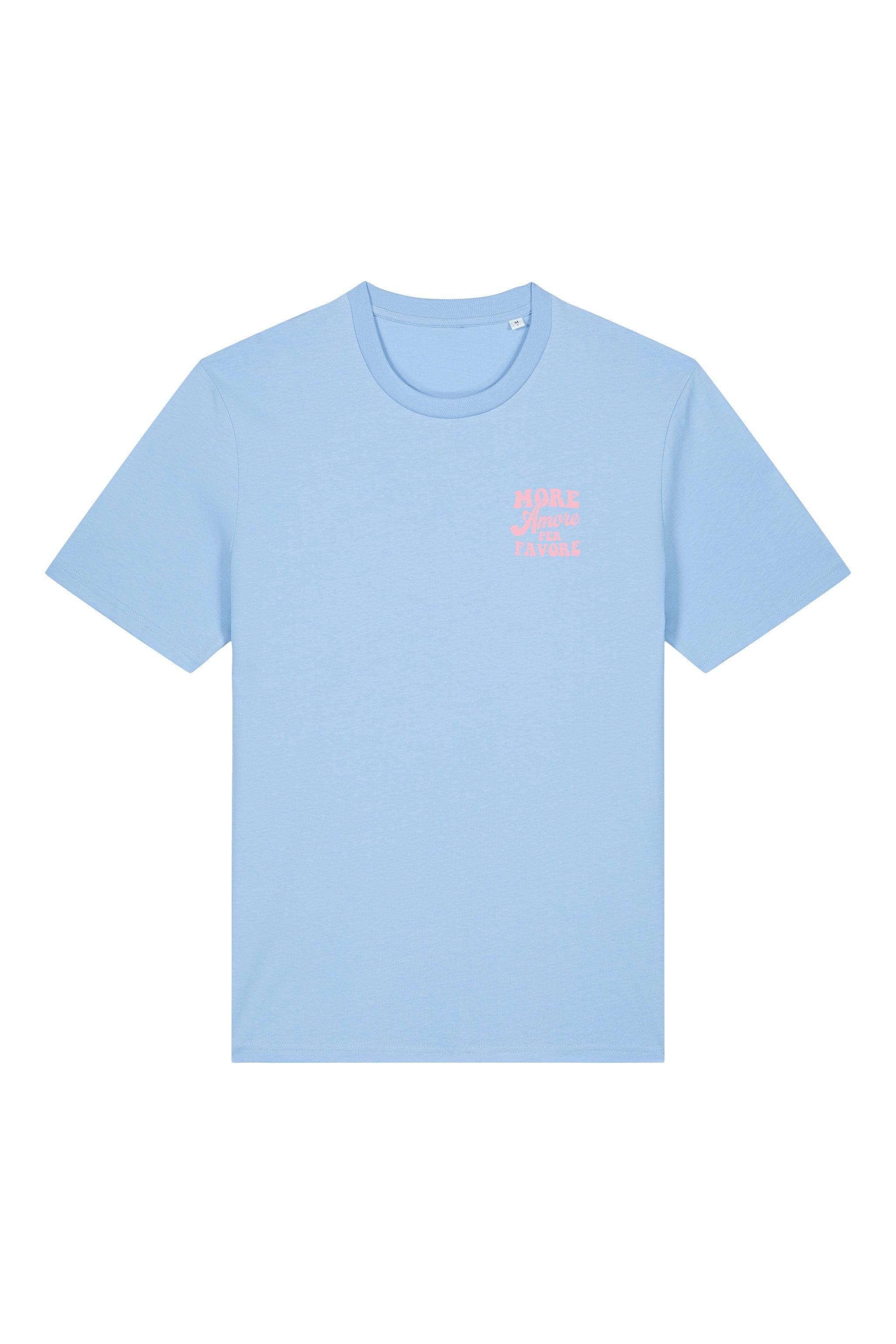 Unisex T-Shirt aus 100% Bio-Baumwolle Blue Soul hellblau mit rosa Print Aufdruck More Amore Per Favore