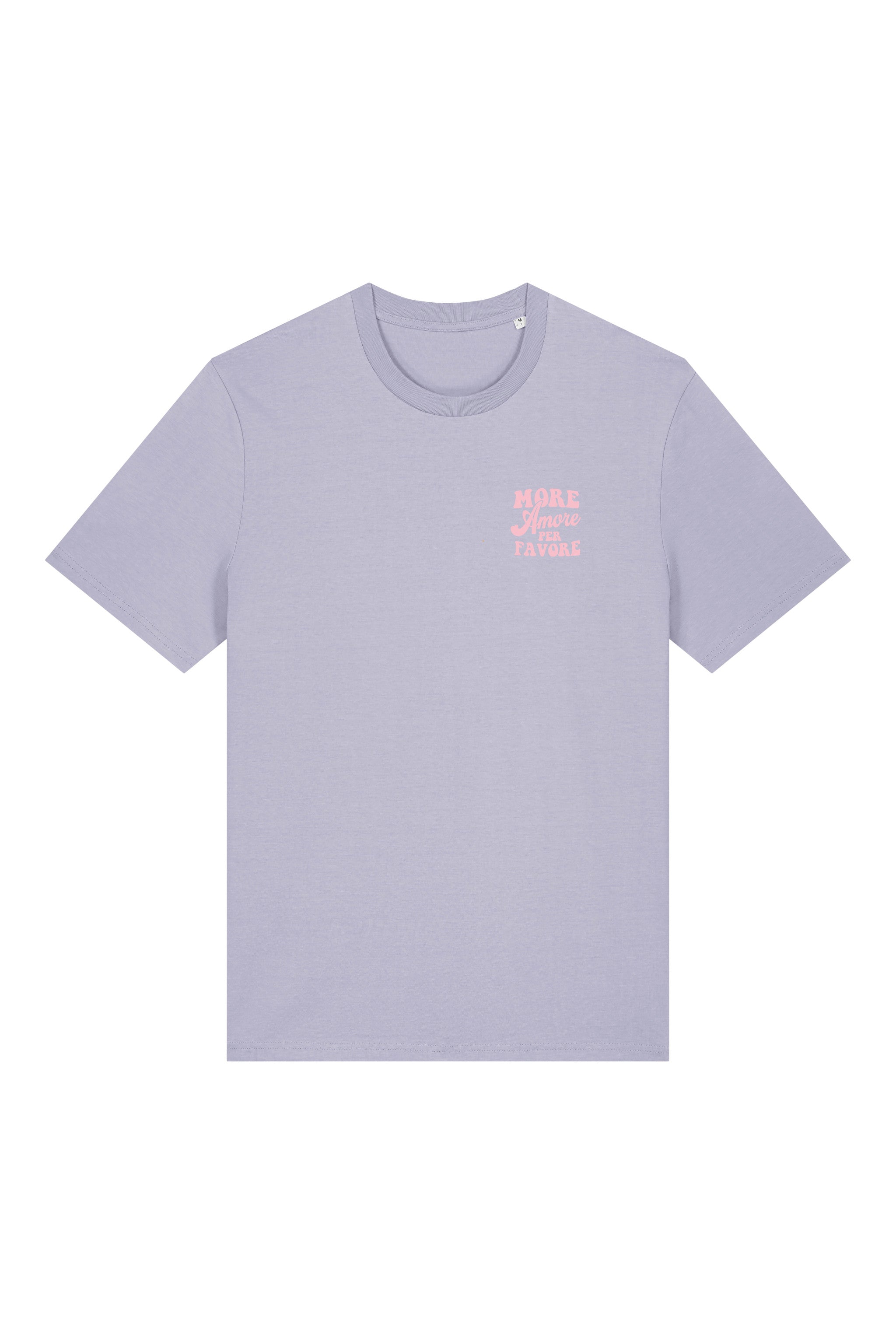 Unisex T-Shirt aus 100% Bio-Baumwolle Lavender lila mit rosa Print Aufdruck More Amore Per Favore