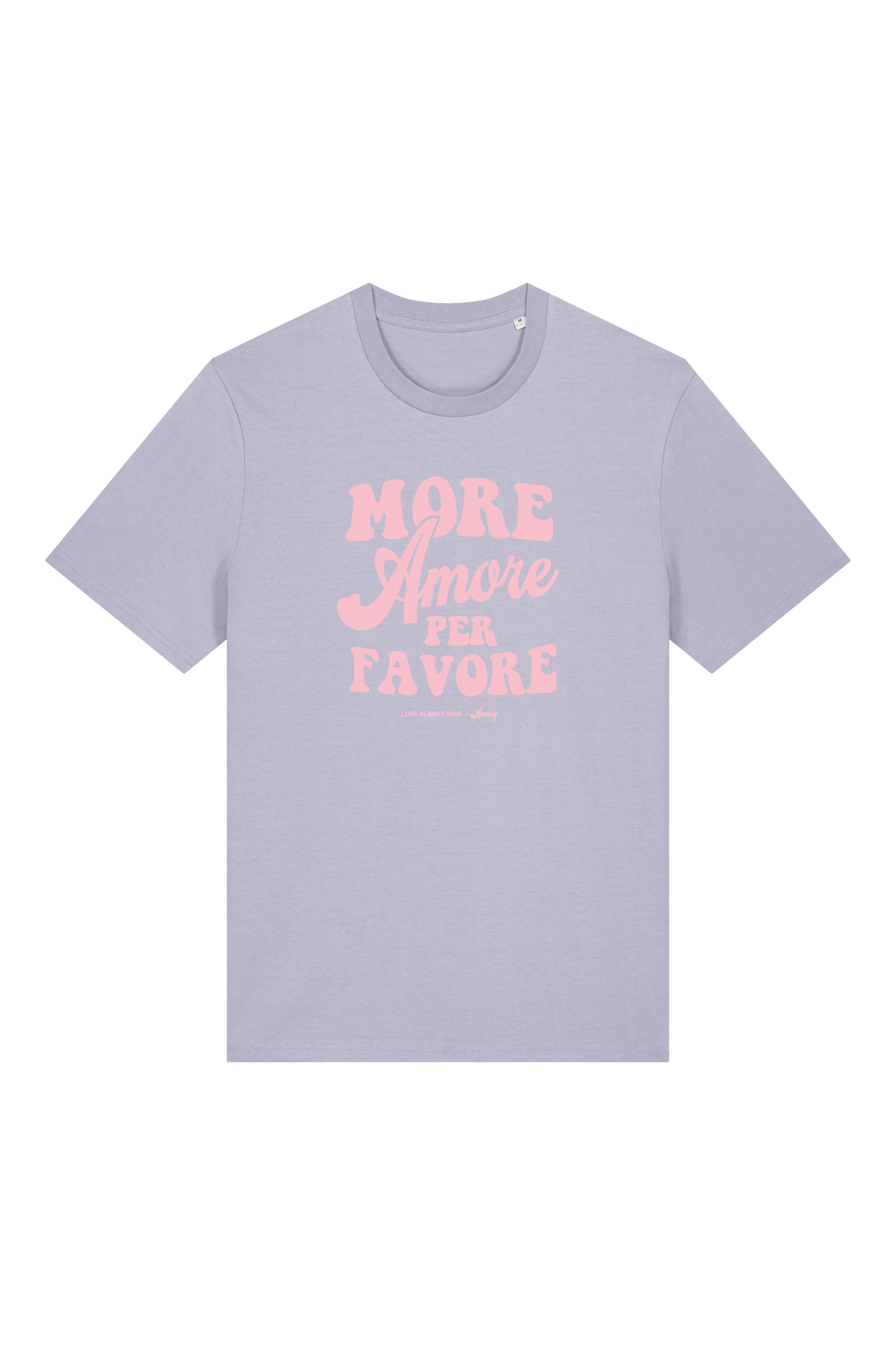 Unisex T-Shirt aus 100% Bio-Baumwolle Lavender lila mit rosa Print Aufdruck More Amore Per Favore