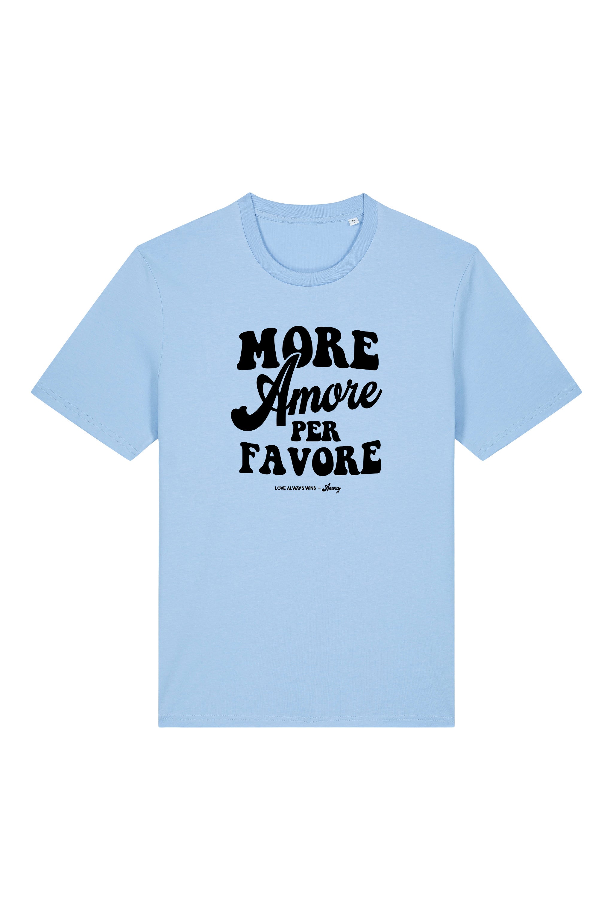 Unisex T-Shirt aus 100% Bio-Baumwolle Blue Soul hellblau mit schwarzem Print Aufdruck More Amore Per Favore
