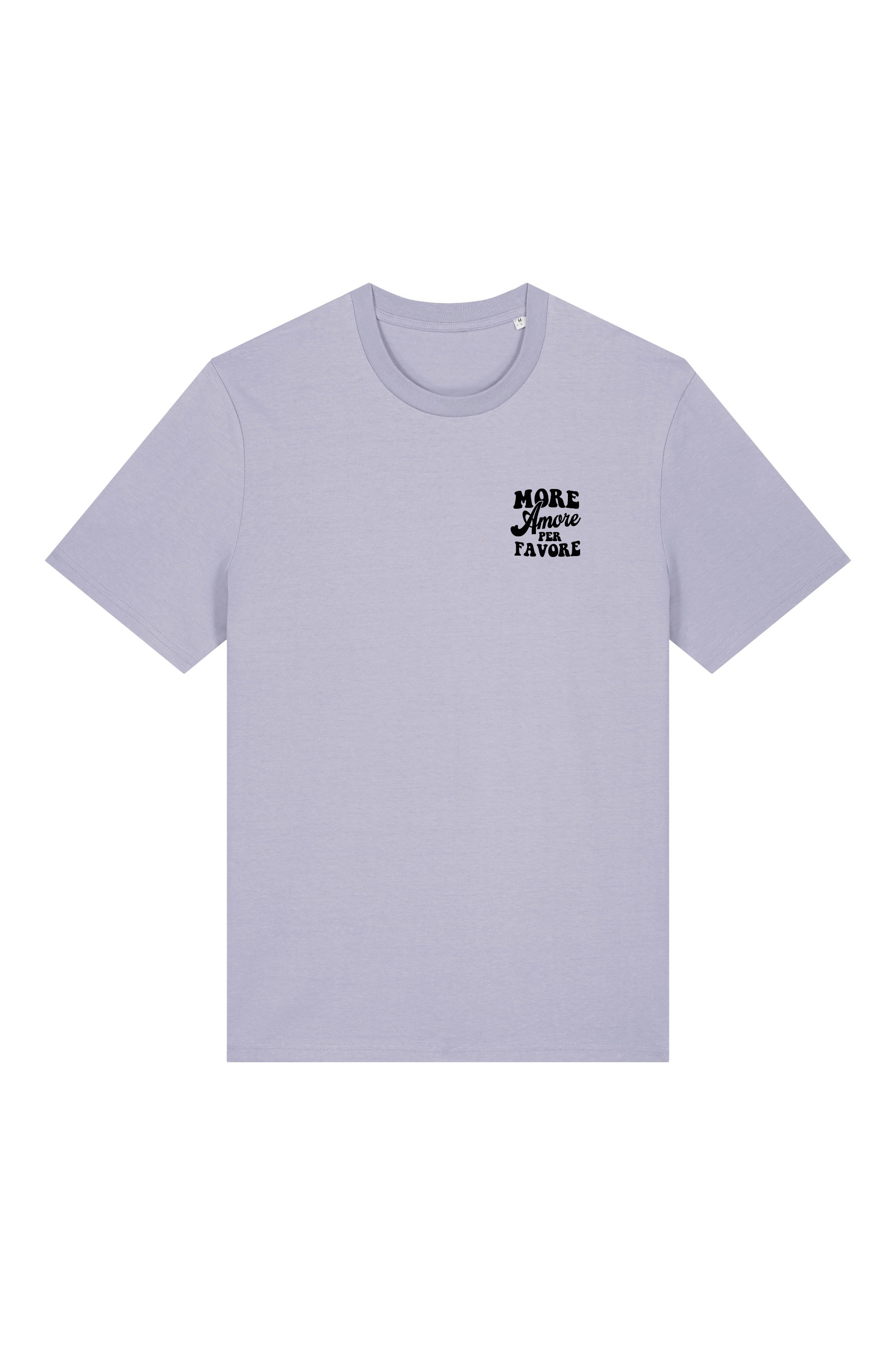 Unisex T-Shirt aus 100% Bio-Baumwolle Lavender lila mit schwarzem Print Aufdruck More Amore Per Favore