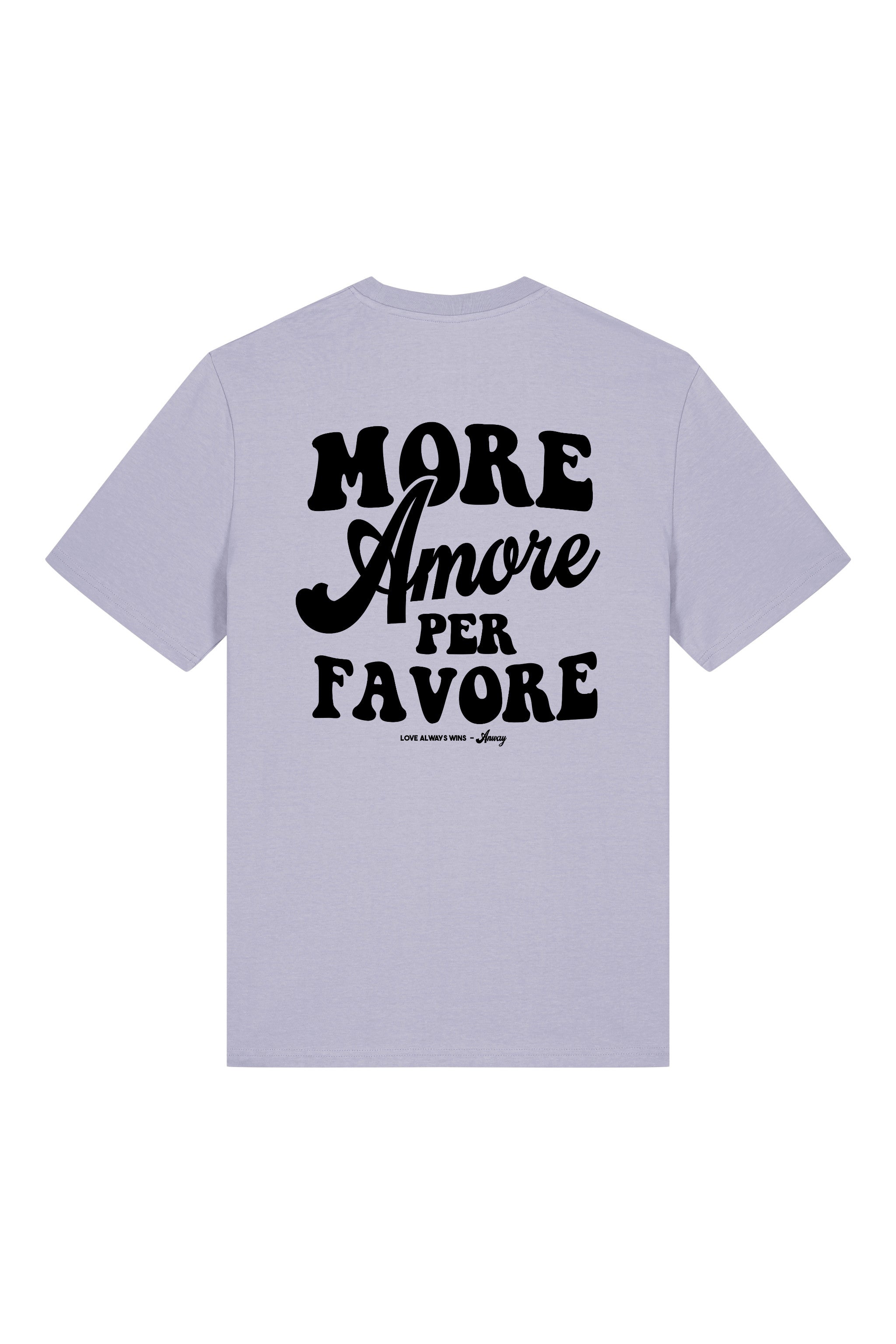 Unisex T-Shirt aus 100% Bio-Baumwolle Lavender lila mit schwarzem Print Aufdruck More Amore Per Favore