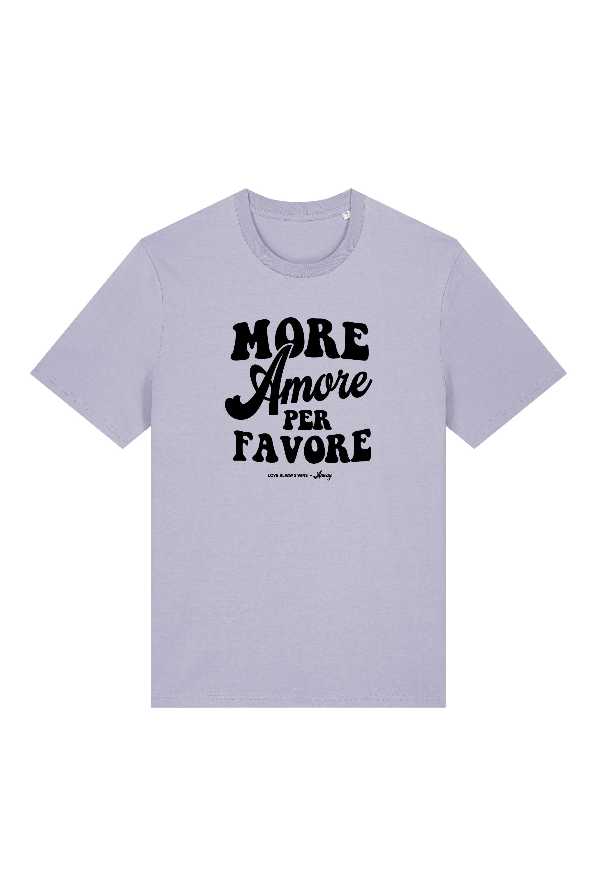 Unisex T-Shirt aus 100% Bio-Baumwolle Lavender lila mit schwarzem Print Aufdruck More Amore Per Favore