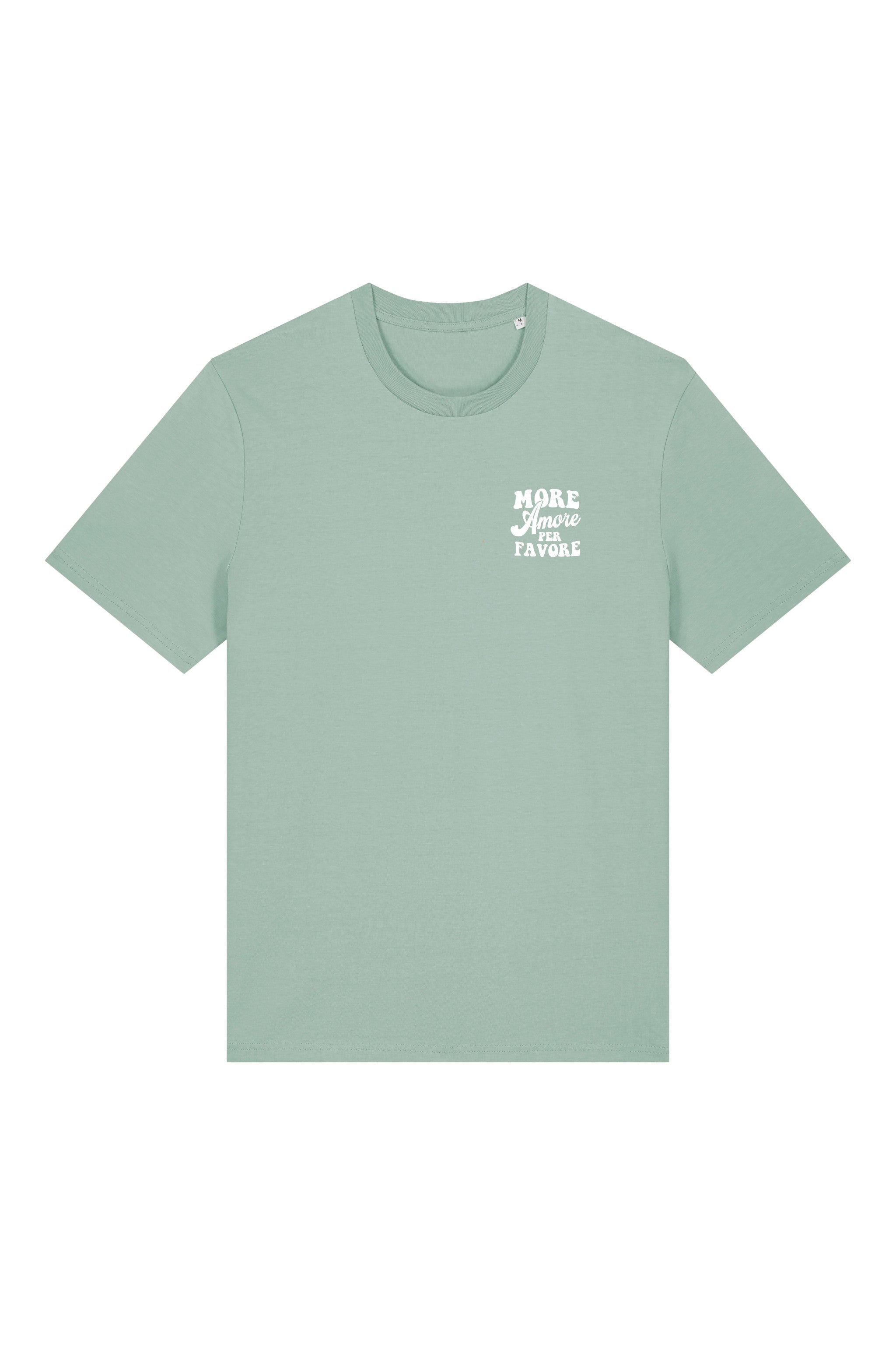 Unisex T-Shirt aus 100% Bio-Baumwolle Aloe grün mit weissem Print Aufdruck More Amore Per Favore