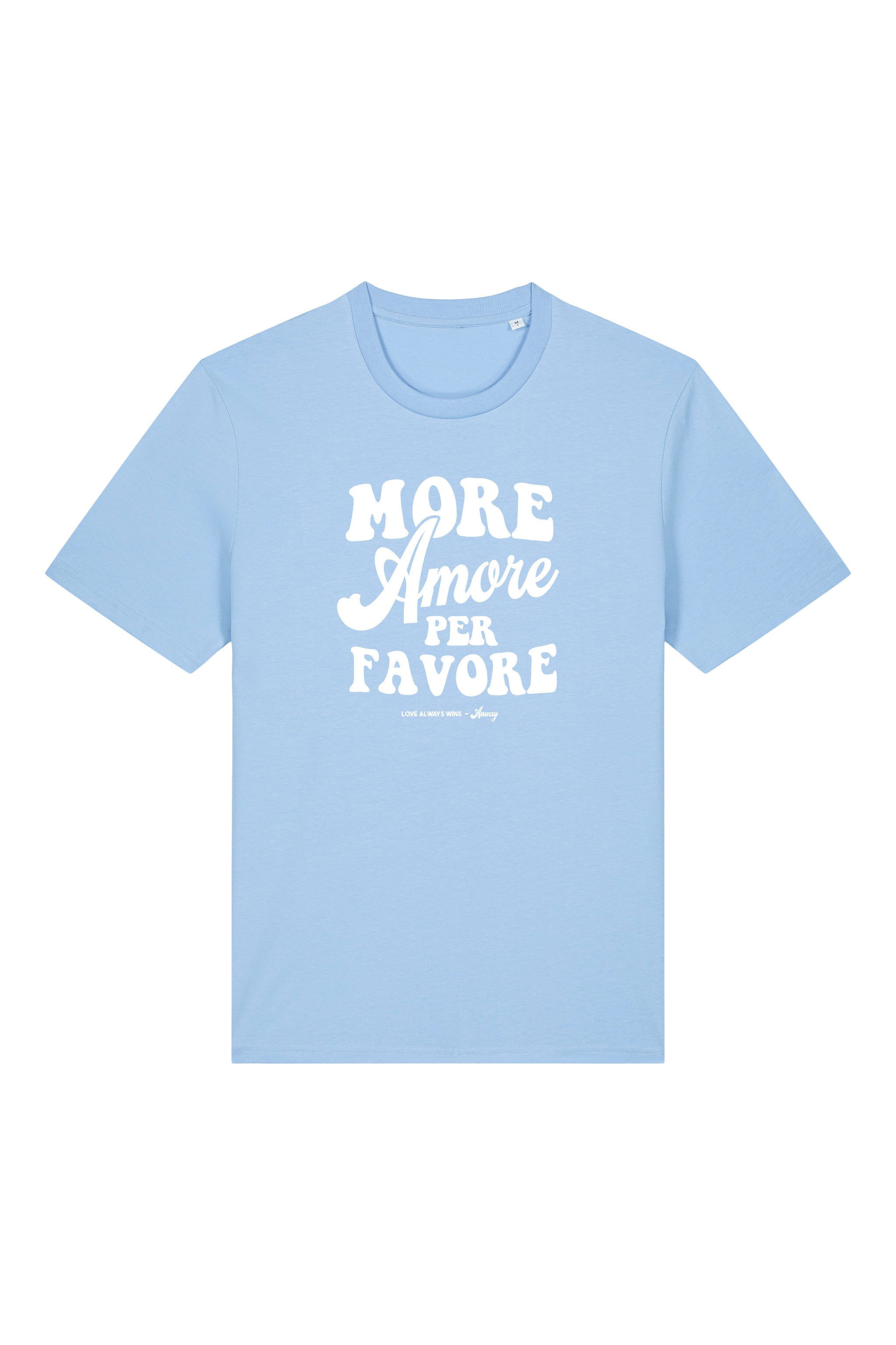 Unisex T-Shirt aus 100% Bio-Baumwolle Blue Soul hellblau mit weissem Print Aufdruck More Amore Per Favore