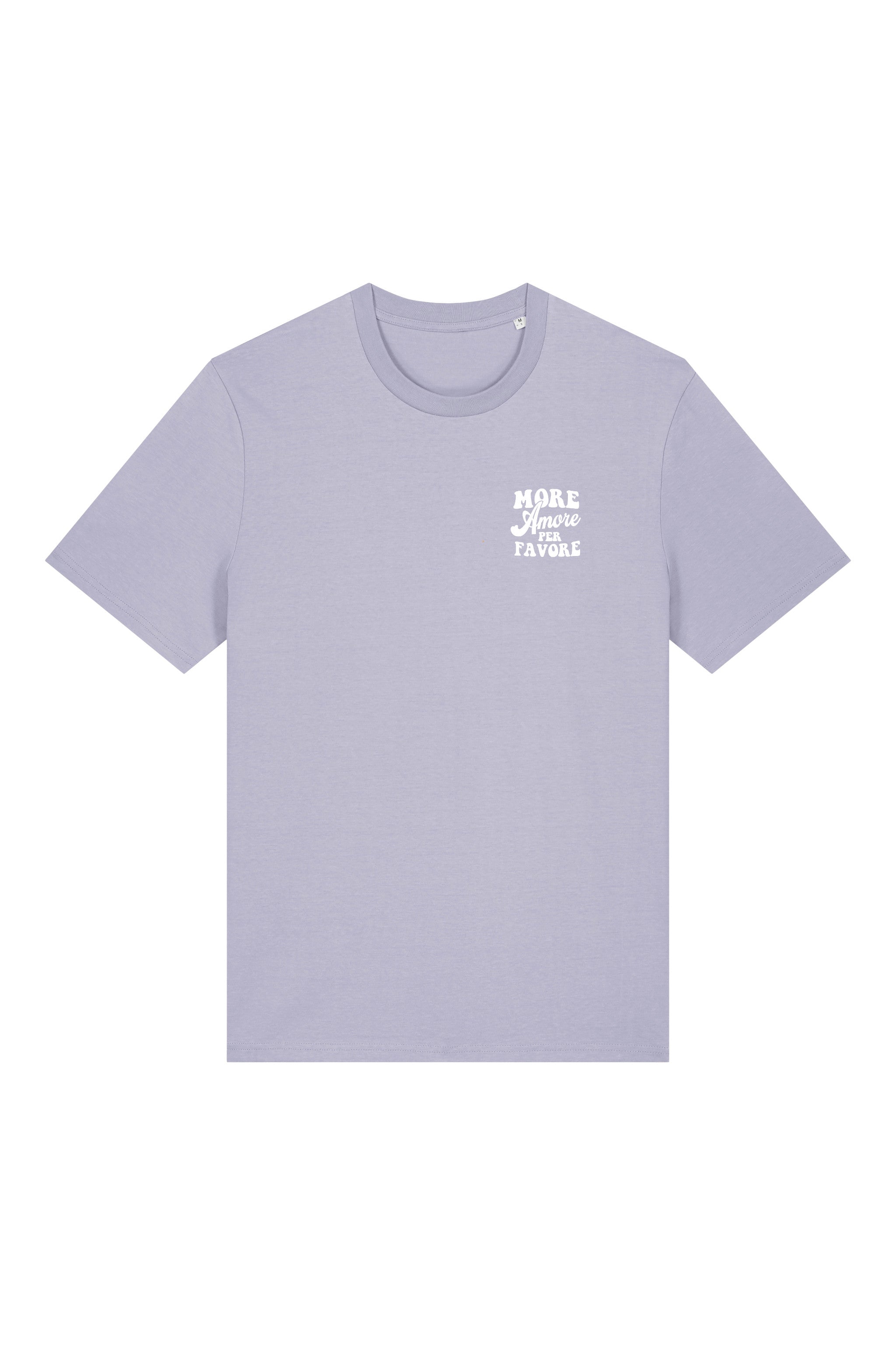 Unisex T-Shirt aus 100% Bio-Baumwolle Lavender lila mit weissem Print Aufdruck More Amore Per Favore
