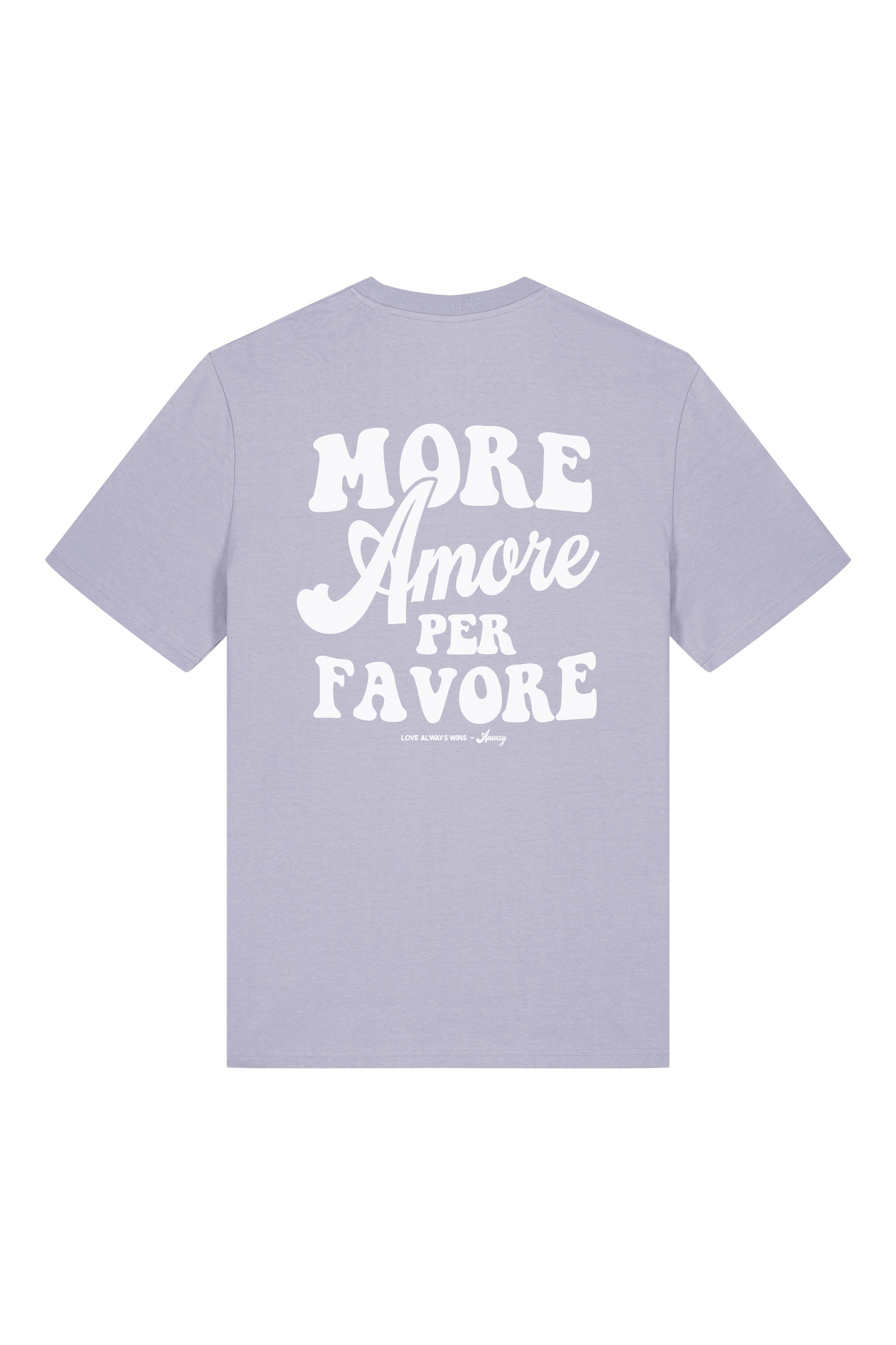 Unisex T-Shirt aus 100% Bio-Baumwolle Lavender lila mit weissem Print Aufdruck More Amore Per Favore