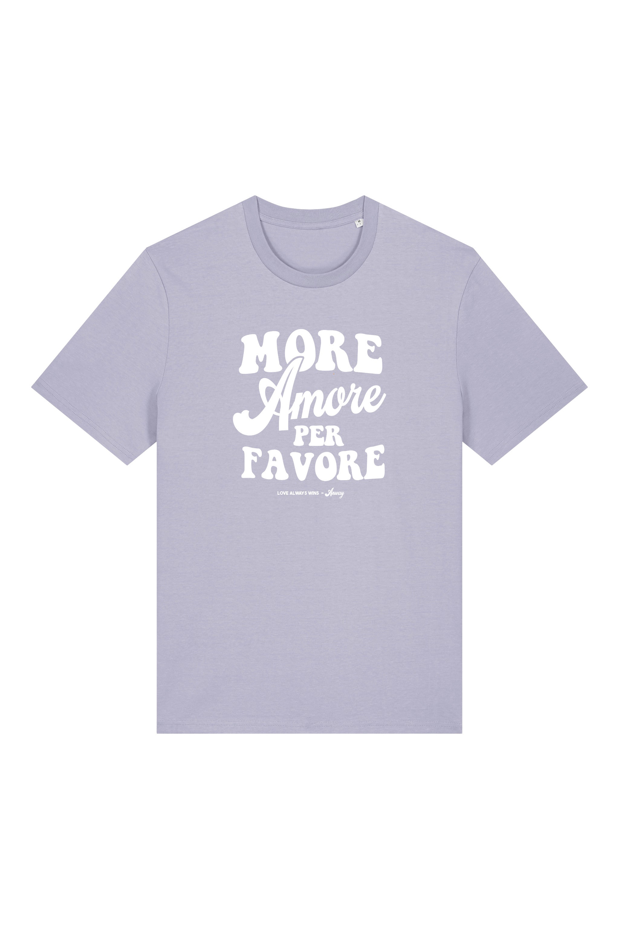 Unisex T-Shirt aus 100% Bio-Baumwolle Lavender lila mit weissem Print Aufdruck More Amore Per Favore