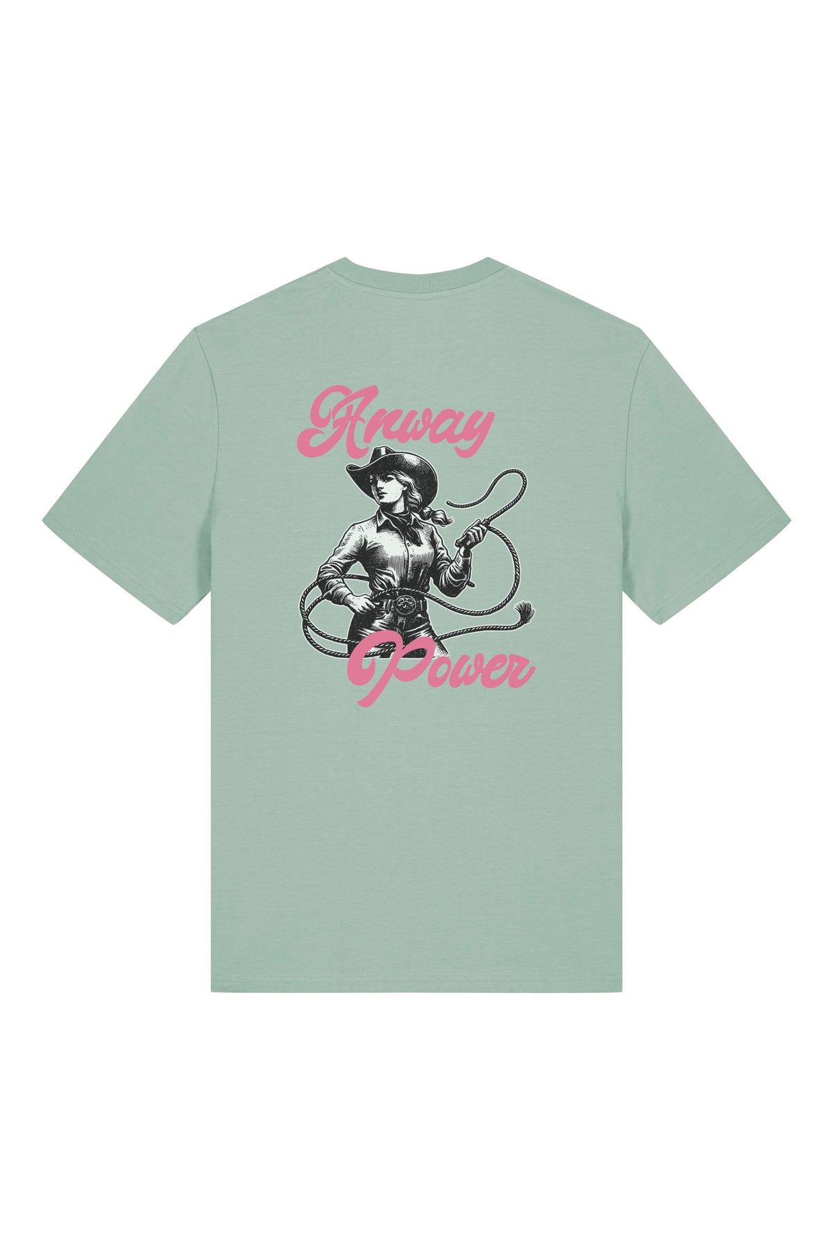 T-Shirt aus 100 % Bio-Baumwolle mit normaler Passform, erhältlich in verschiedenen Farben wie Blue Soul, Cotton Pink, Lavender, Aloe, Weiss und Schwarz. Individuell bedruckbar mit Wunschmotiv. Weiches, angenehm leichtes Material für hohen Tragekomfort. Ideal für einen zeitgemässen, entspannten Look. T-Shirt mit einer Cowgirl-Illustration mit Peitsche und dem rosa Schriftzug „Anway Power“ auf der Rückseite.