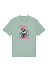 T-Shirt aus 100 % Bio-Baumwolle mit normaler Passform, erhältlich in verschiedenen Farben wie Blue Soul, Cotton Pink, Lavender, Aloe, Weiss und Schwarz. Individuell bedruckbar mit Wunschmotiv. Weiches, angenehm leichtes Material für hohen Tragekomfort. Ideal für einen zeitgemässen, entspannten Look. T-Shirt mit einer Cowgirl-Illustration mit Peitsche und dem rosa Schriftzug „Anway Power“ auf der Vorderseite.