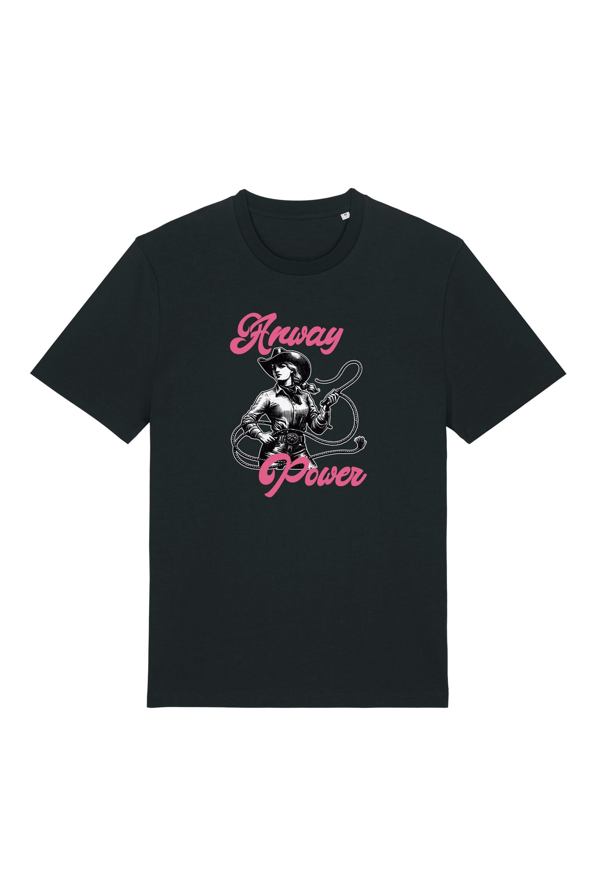T-Shirt aus 100 % Bio-Baumwolle mit normaler Passform, erhältlich in verschiedenen Farben wie Blue Soul, Cotton Pink, Lavender, Aloe, Weiss und Schwarz. Individuell bedruckbar mit Wunschmotiv. Weiches, angenehm leichtes Material für hohen Tragekomfort. Ideal für einen zeitgemässen, entspannten Look. T-Shirt mit einer Cowgirl-Illustration mit Peitsche und dem rosa Schriftzug „Anway Power“ auf der Vorderseite.