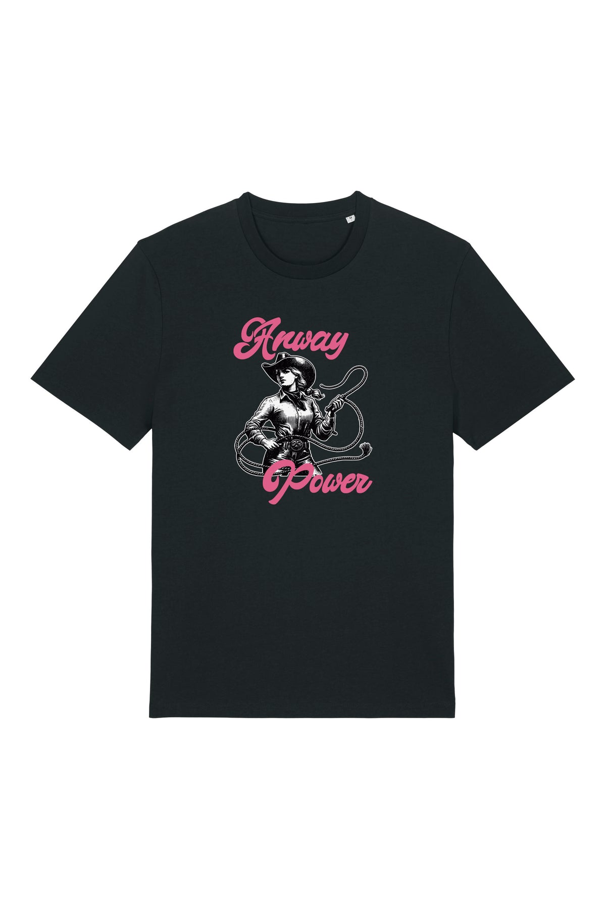 T-Shirt aus 100 % Bio-Baumwolle mit normaler Passform, erhältlich in verschiedenen Farben wie Blue Soul, Cotton Pink, Lavender, Aloe, Weiss und Schwarz. Individuell bedruckbar mit Wunschmotiv. Weiches, angenehm leichtes Material für hohen Tragekomfort. Ideal für einen zeitgemässen, entspannten Look. T-Shirt mit einer Cowgirl-Illustration mit Peitsche und dem rosa Schriftzug „Anway Power“ auf der Vorderseite.
